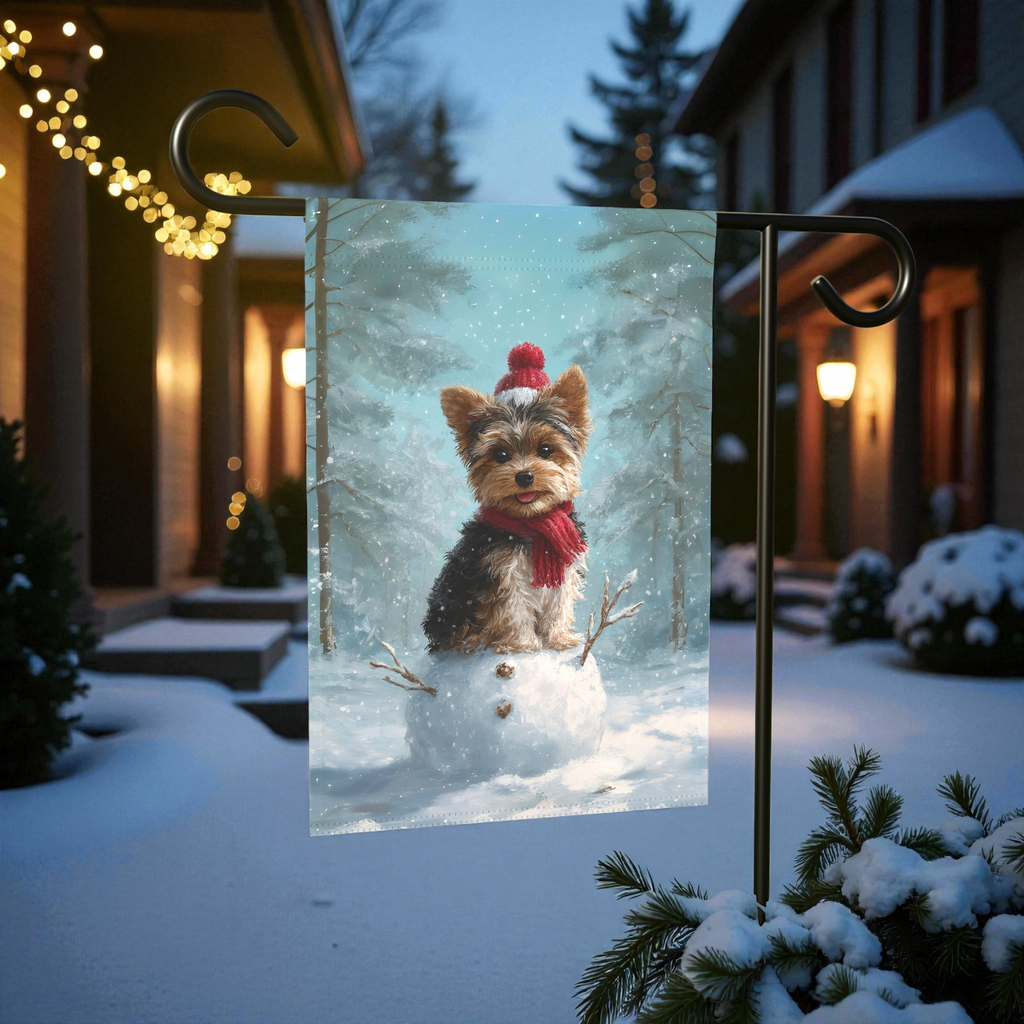 Making a Snowman Yorkie Garden Flag - front view - Dragonfire Gardens