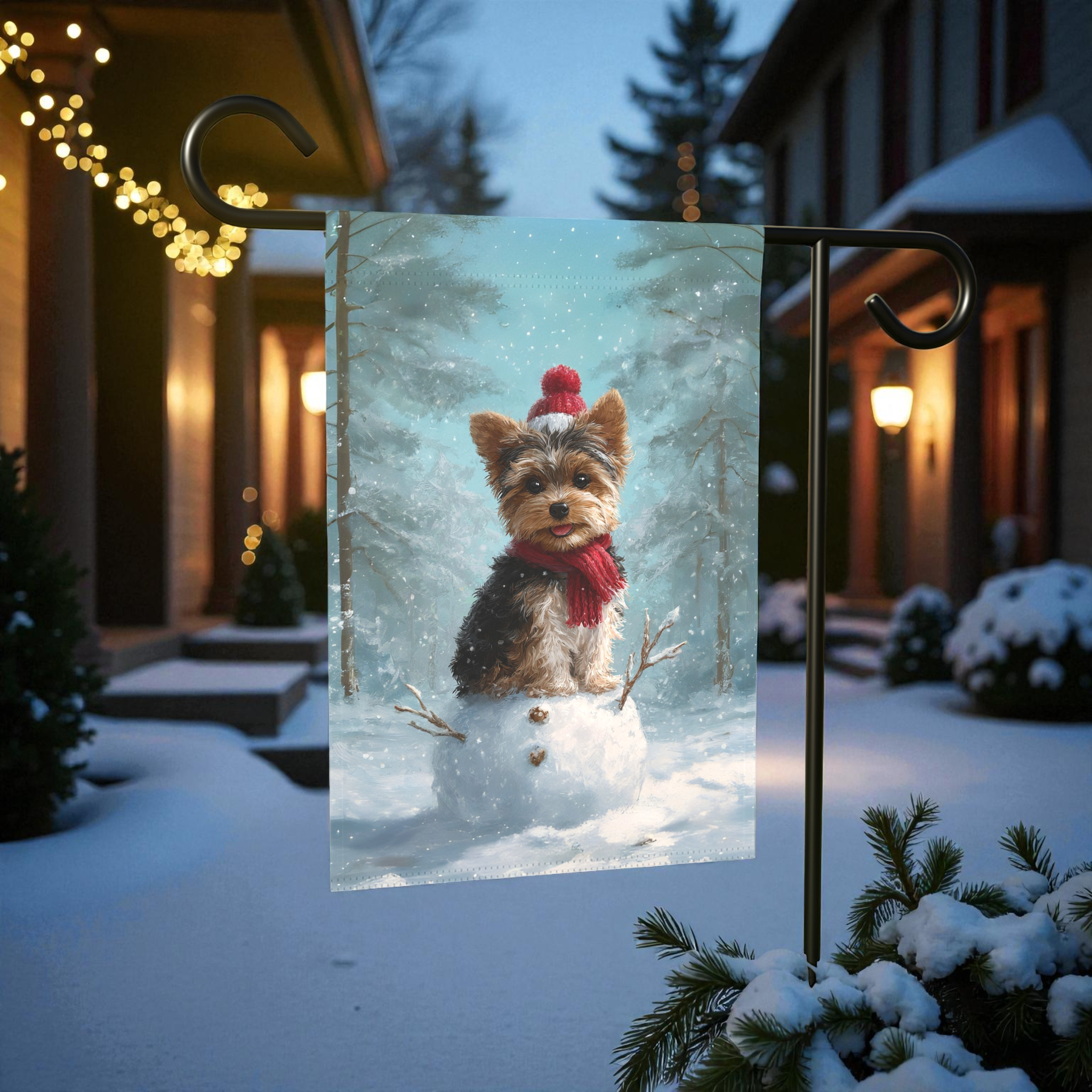 Making a Snowman Yorkie Garden Flag - front view - Dragonfire Gardens