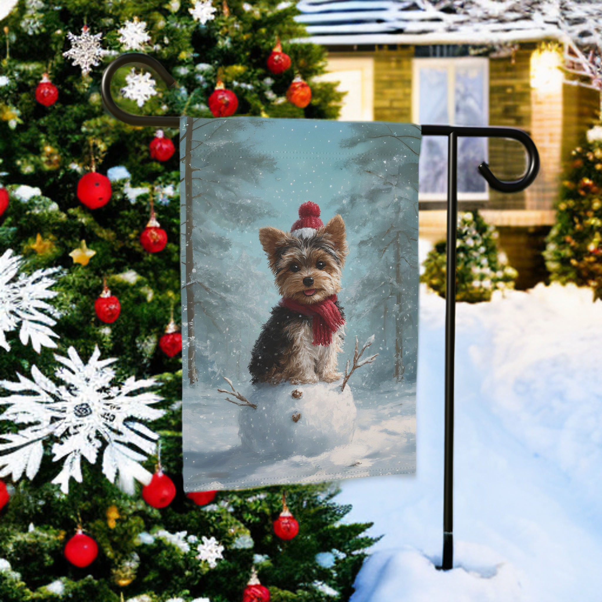 Making a Snowman Yorkie Garden Flag - product detail - Dragonfire Gardens