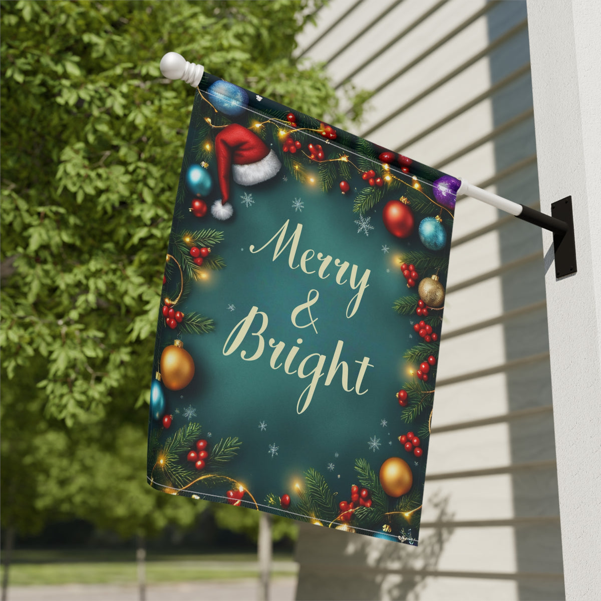 Merry & Bright Christmas Garden Flag - close-up detail - Dragonfire Gardens
