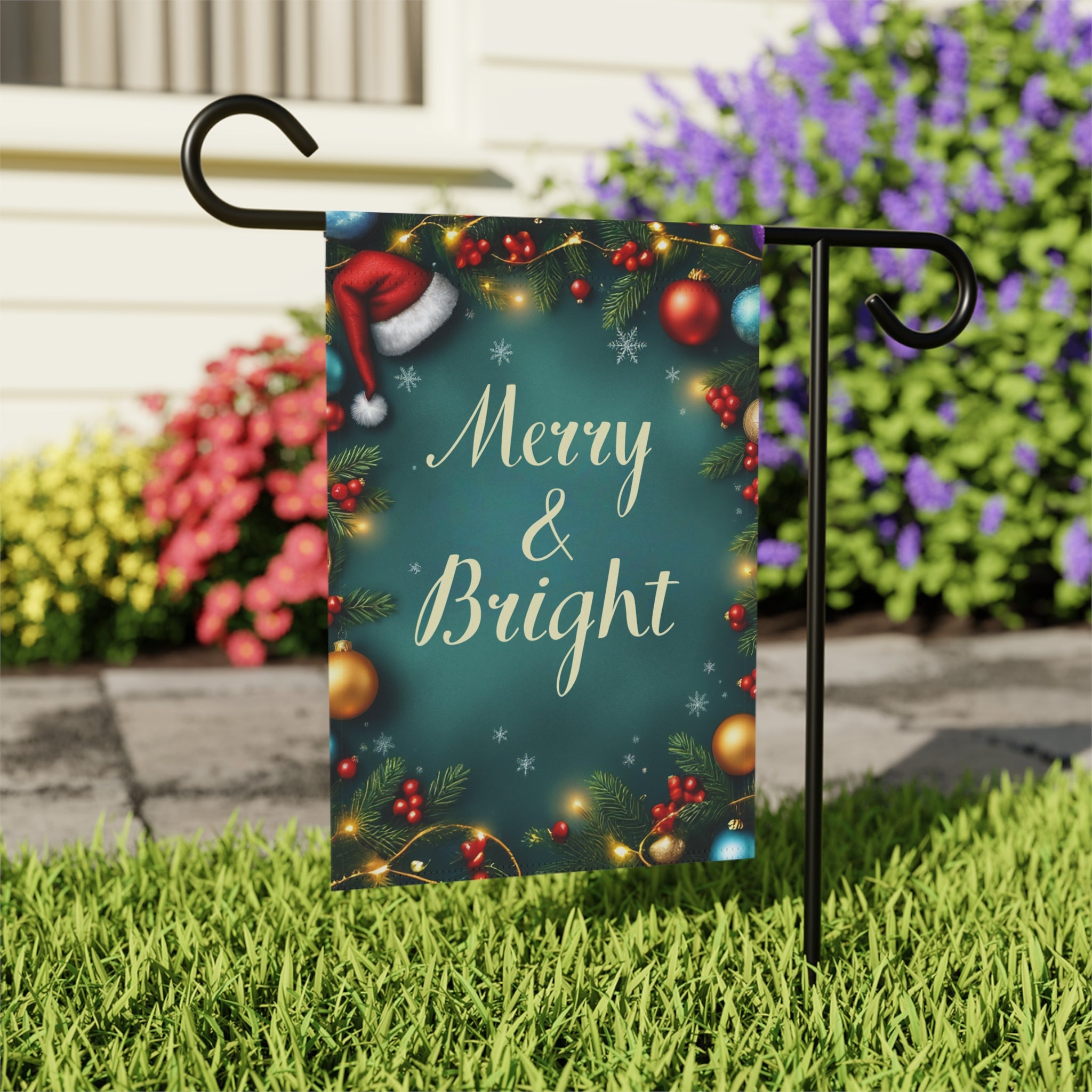 Merry & Bright Christmas Garden Flag - outdoor display - Dragonfire Gardens