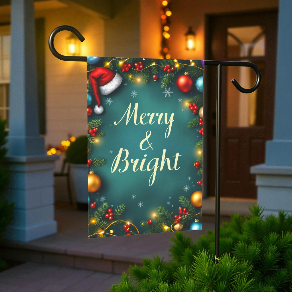Merry & Bright Christmas Garden Flag - front view - Dragonfire Gardens