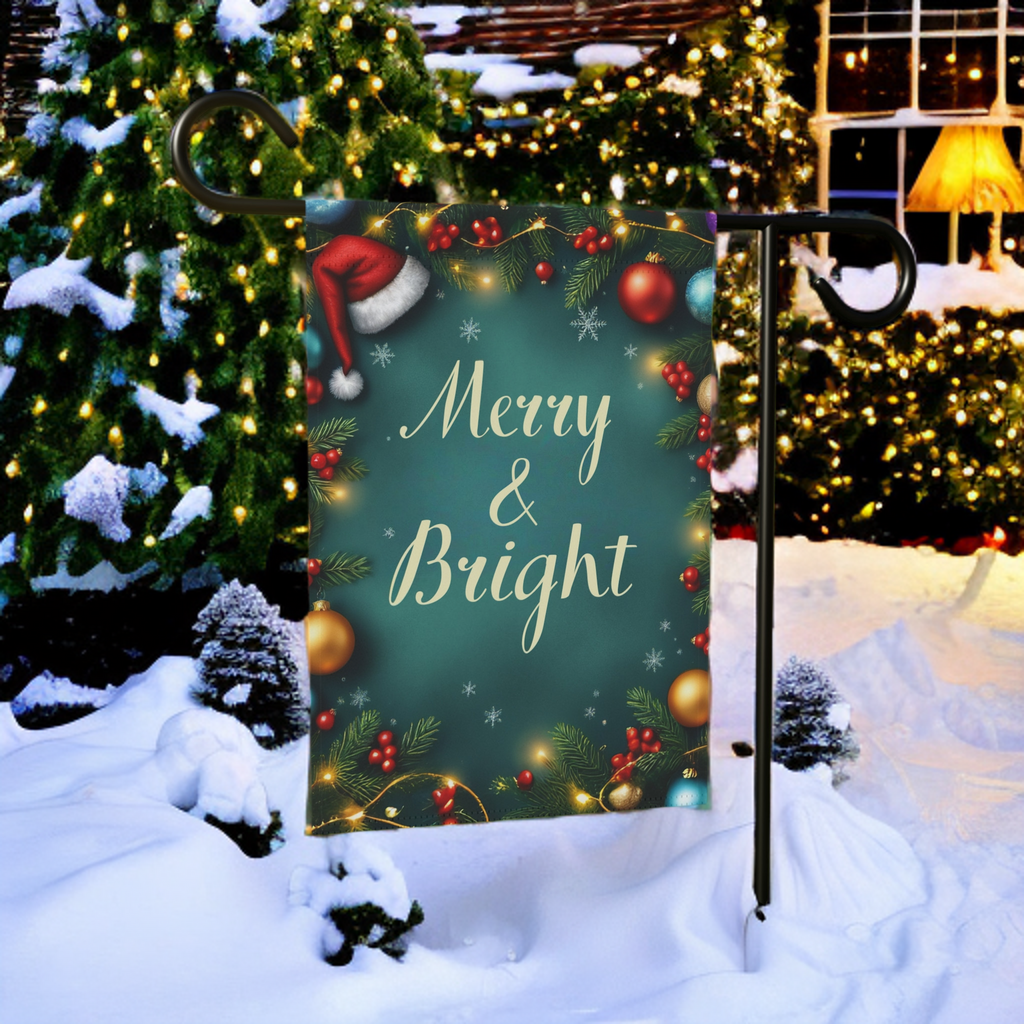 Merry & Bright Christmas Garden Flag - lifestyle display - Dragonfire Gardens