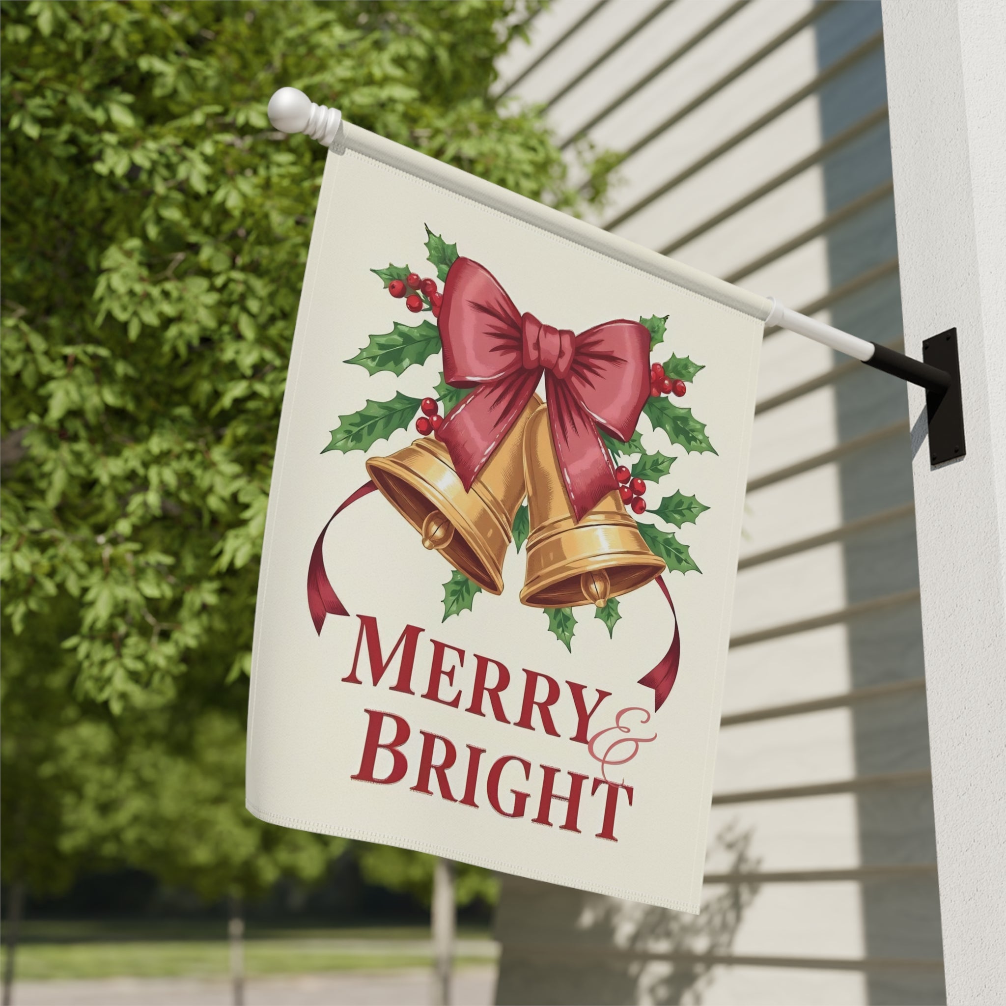 Merry & Bright Christmas Bow Garden Flag - close-up detail - Dragonfire Gardens
