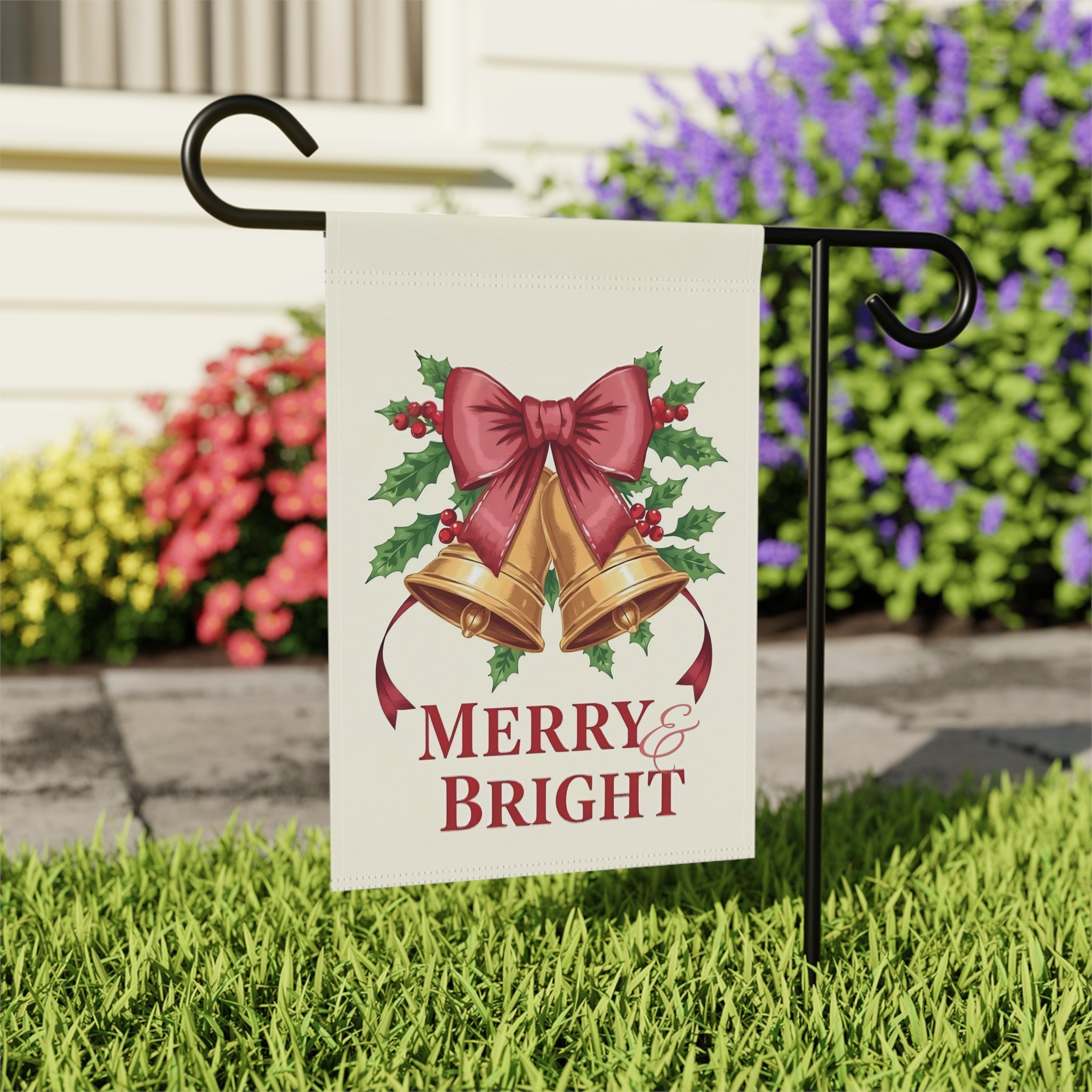 Merry & Bright Christmas Bow Garden Flag - outdoor display - Dragonfire Gardens