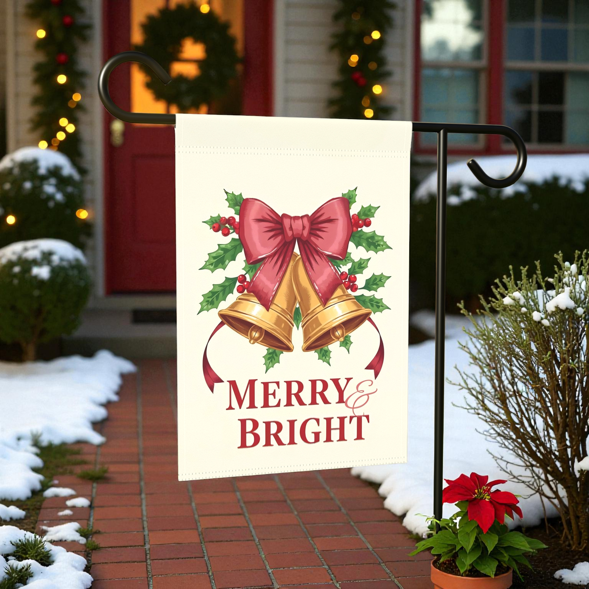 Merry & Bright Christmas Bow Garden Flag - double-sided design - Dragonfire Gardens