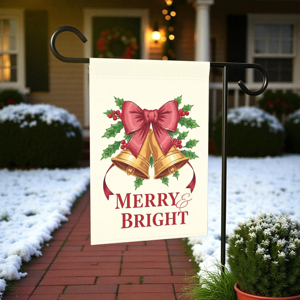 Merry & Bright Christmas Bow Garden Flag - front view - Dragonfire Gardens