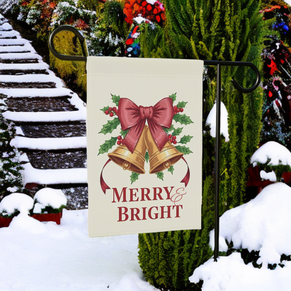 Merry & Bright Christmas Bow Garden Flag - lifestyle display - Dragonfire Gardens