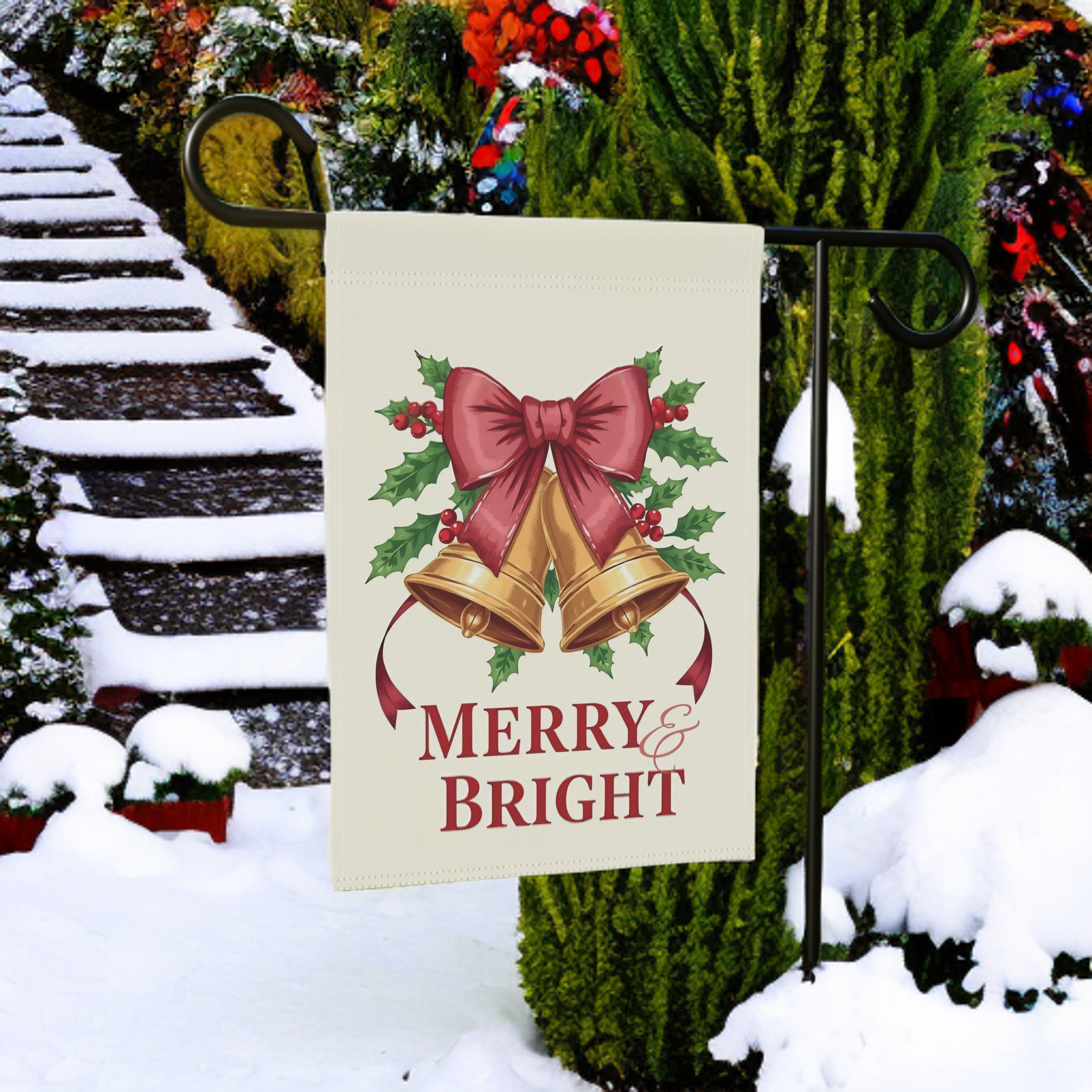 Merry & Bright Christmas Bow Garden Flag - lifestyle display - Dragonfire Gardens