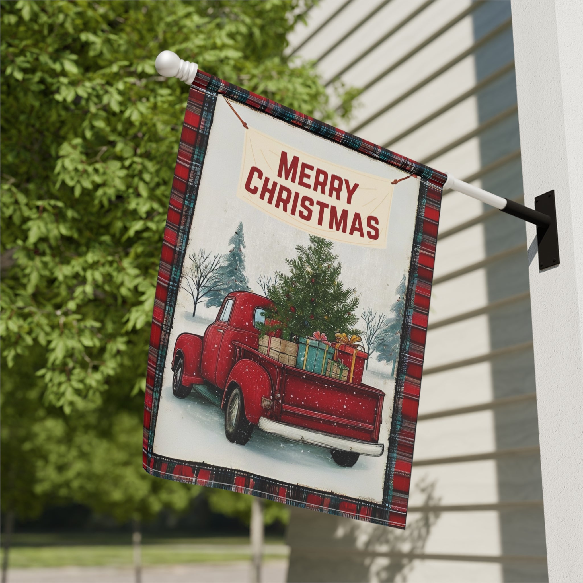 Merry Christmas Red Truck Garden Flag - close-up detail - Dragonfire Gardens