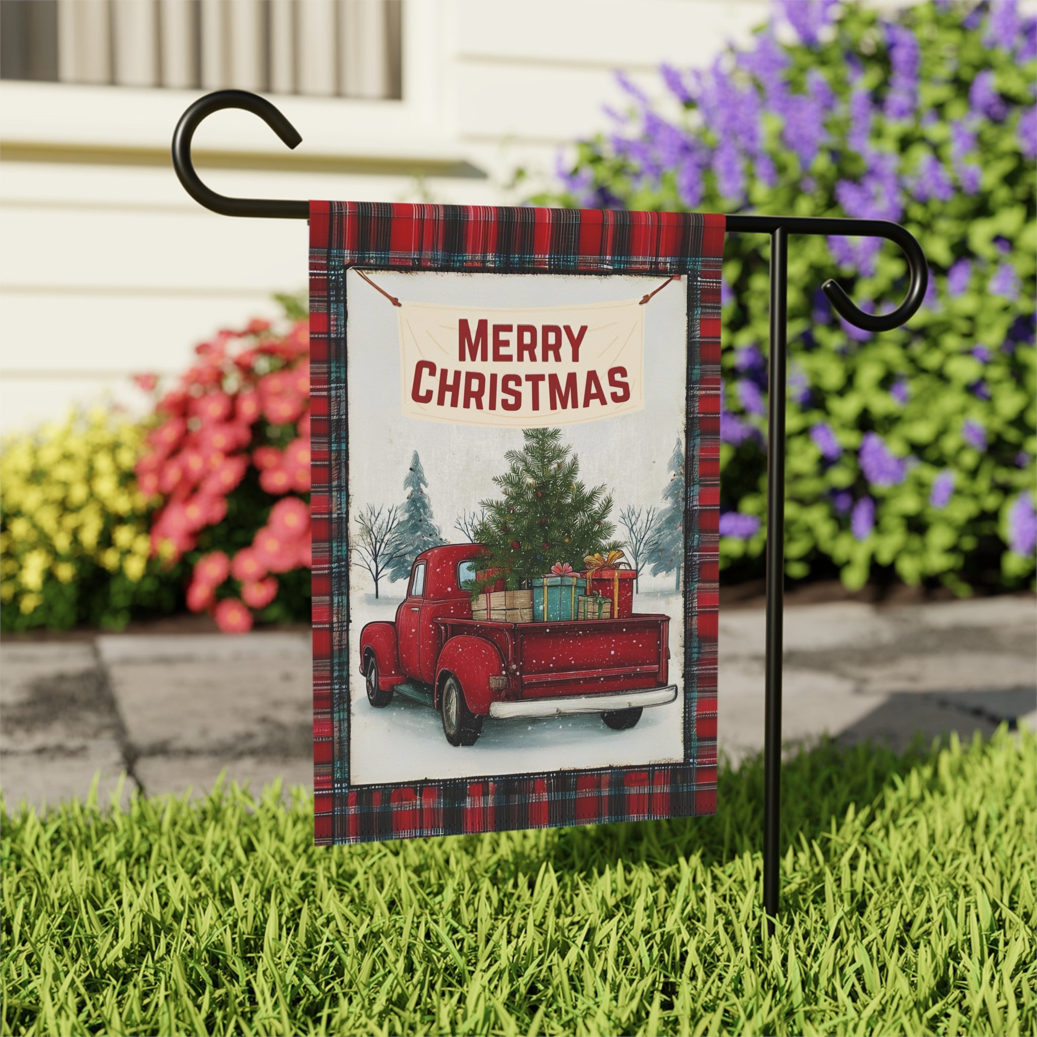 Merry Christmas Red Truck Garden Flag - outdoor display - Dragonfire Gardens