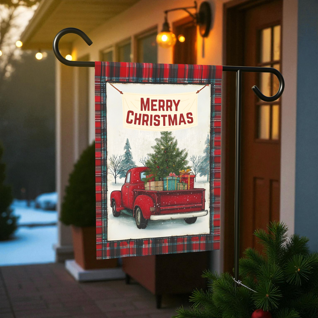 Merry Christmas Red Truck Garden Flag - size comparison - Dragonfire Gardens