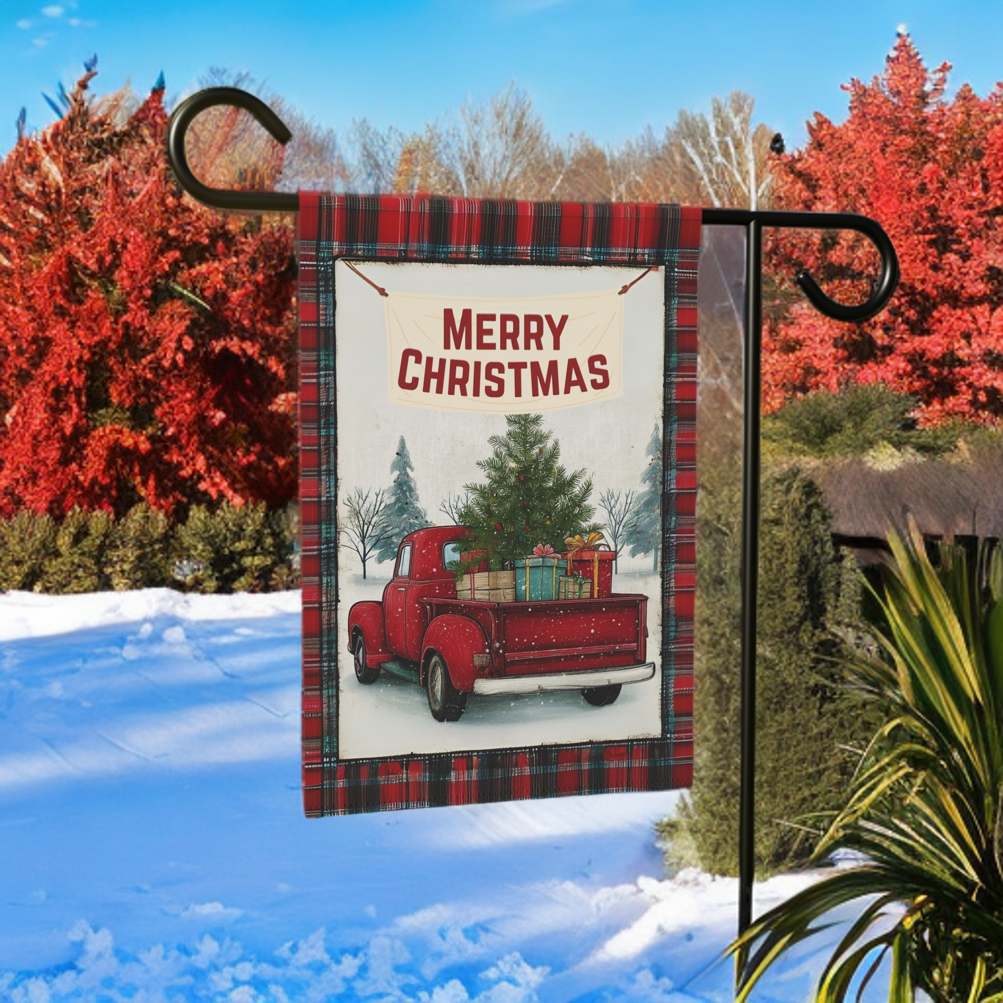 Merry Christmas Red Truck Garden Flag - front view - Dragonfire Gardens