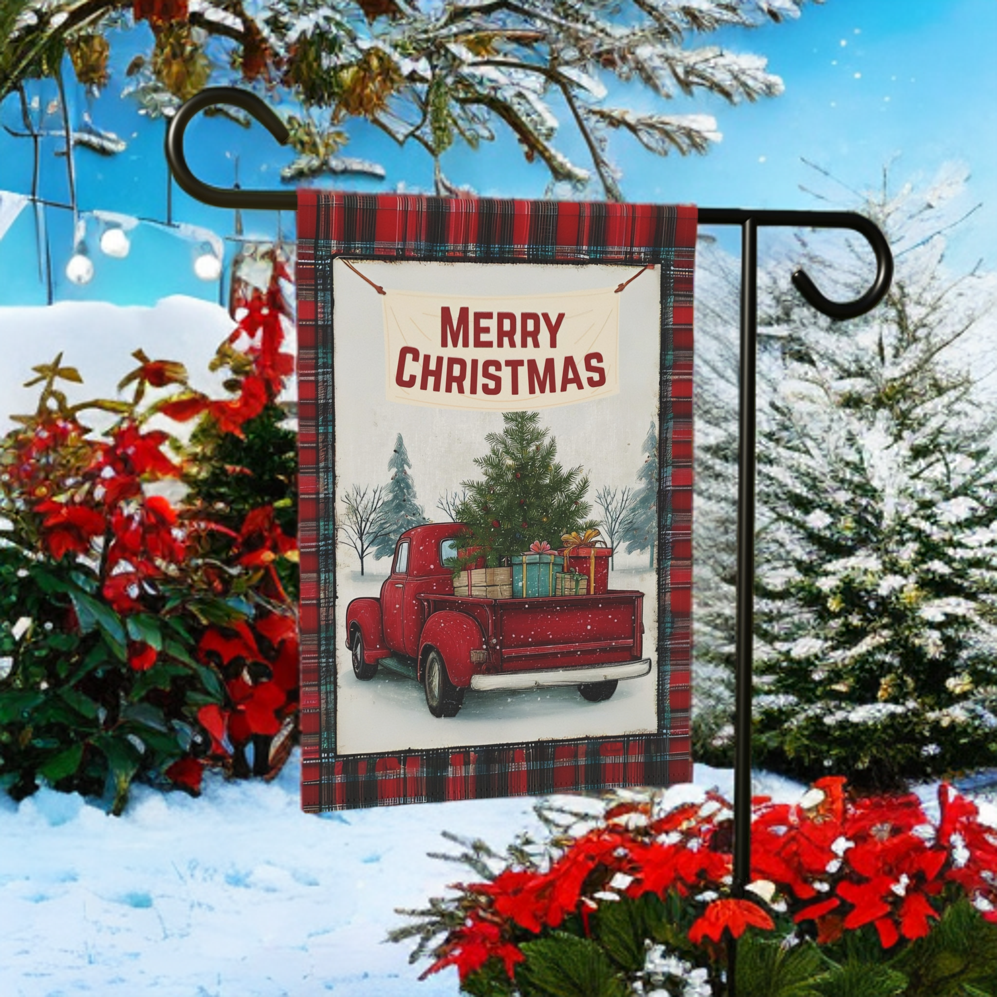 Merry Christmas Red Truck Garden Flag - lifestyle display - Dragonfire Gardens