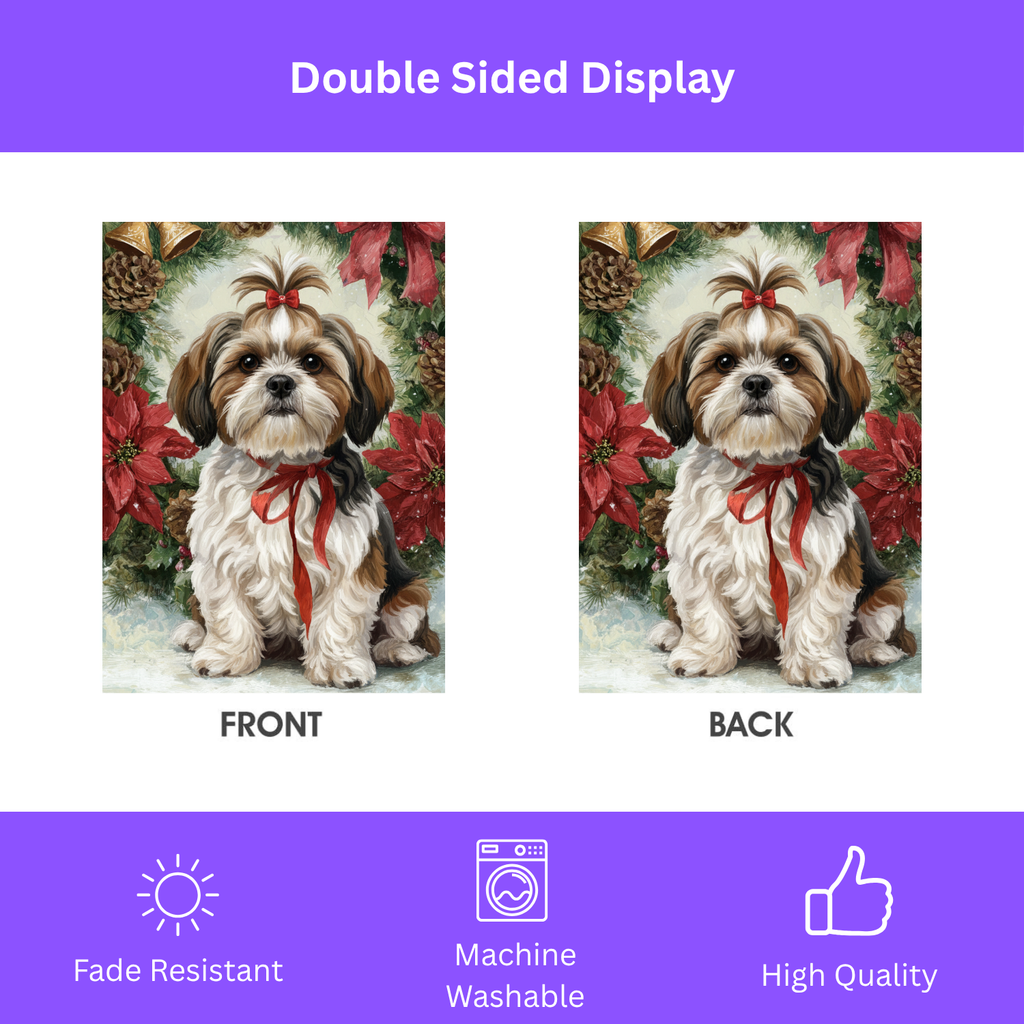 Poinsettia and Pine Cone Shih Tzu Christmas Garden Flag - double-sided design - Dragonfire Gardens