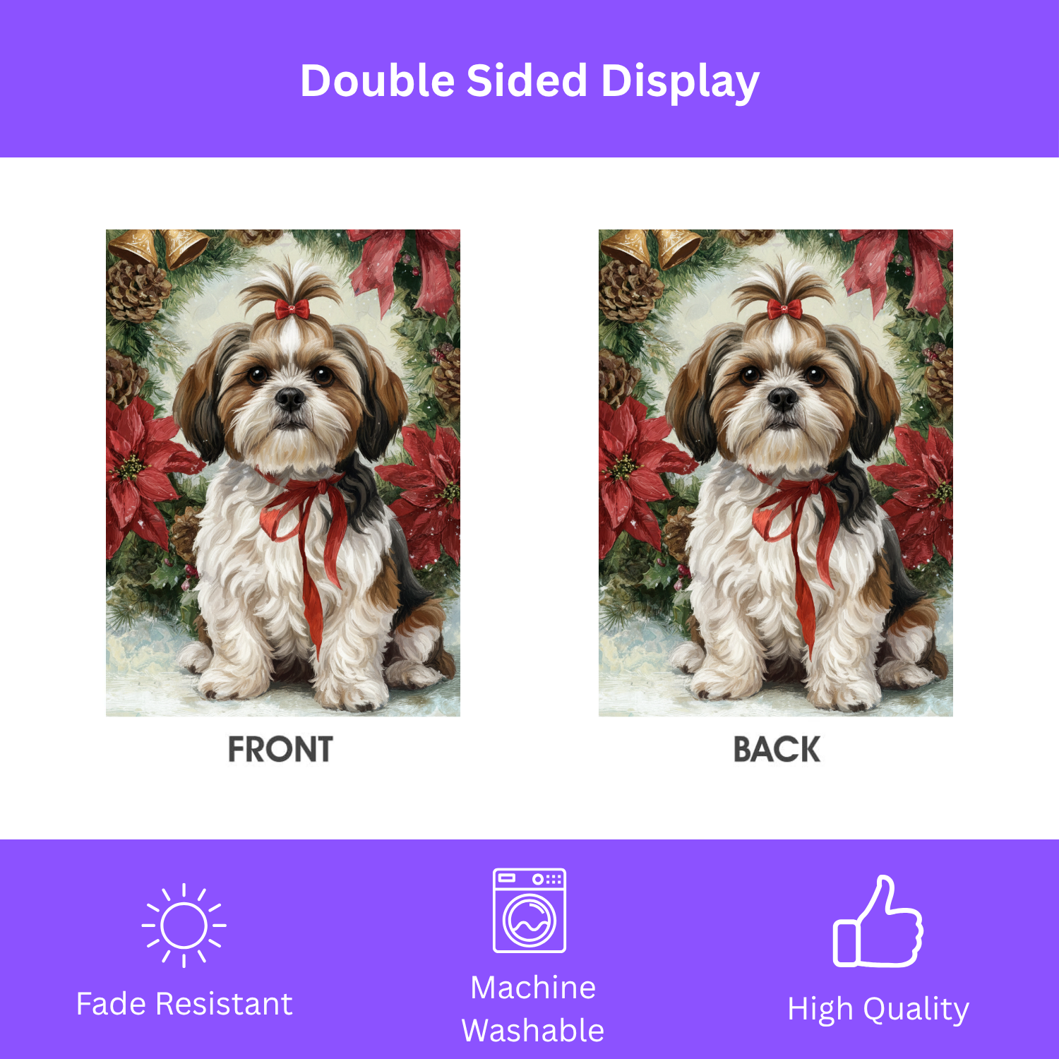 Poinsettia and Pine Cone Shih Tzu Christmas Garden Flag - double-sided design - Dragonfire Gardens