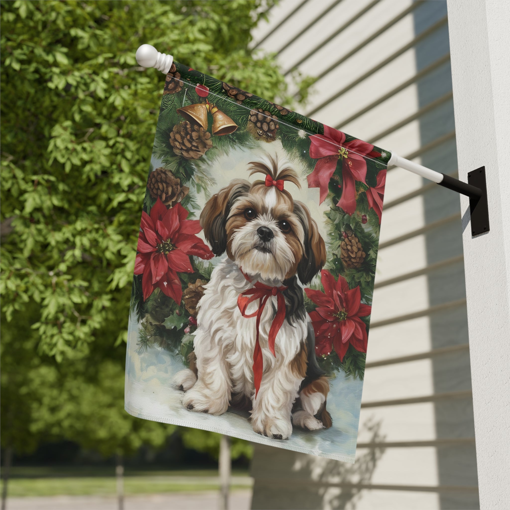 Poinsettia and Pine Cone Shih Tzu Christmas Garden Flag - close-up detail - Dragonfire Gardens
