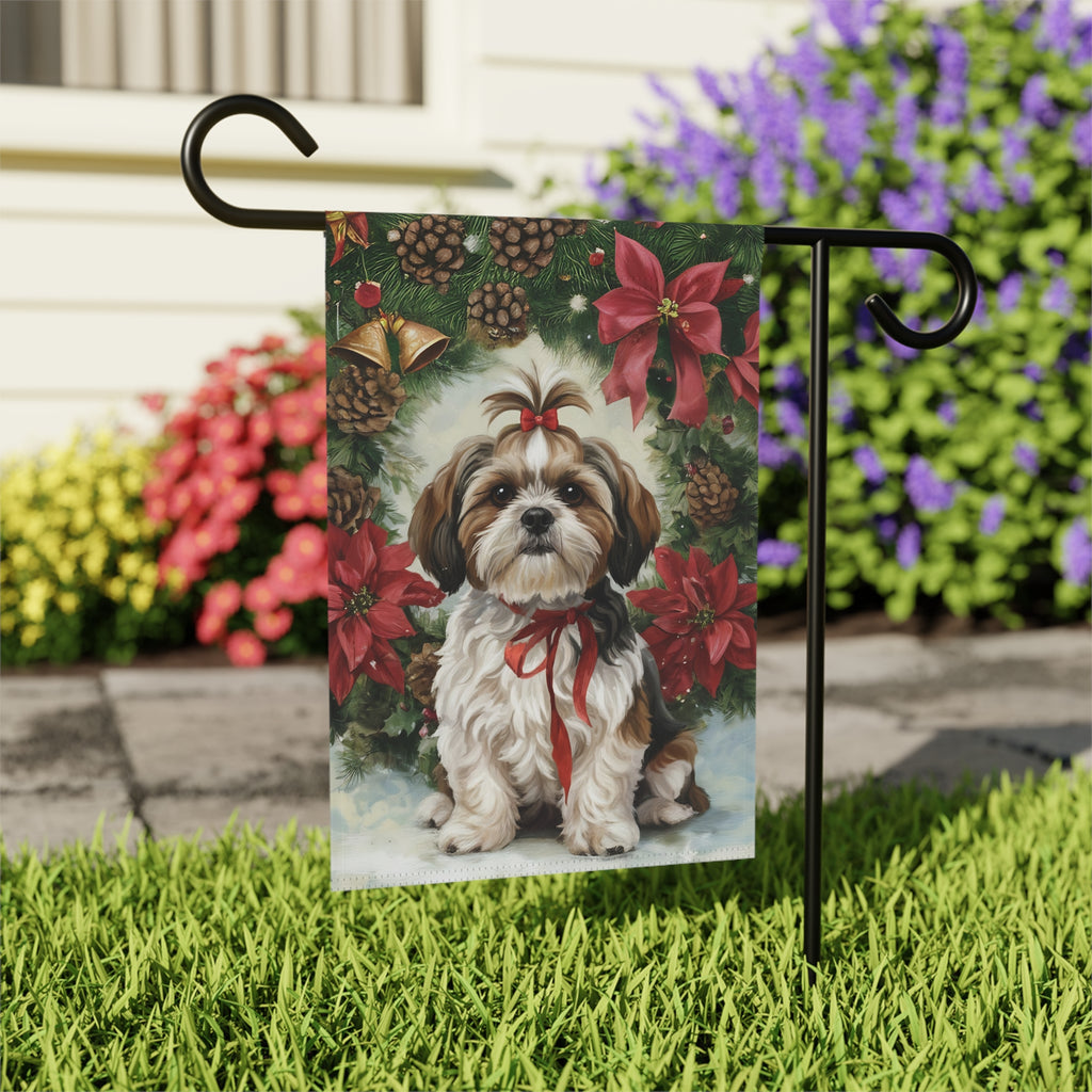 Poinsettia and Pine Cone Shih Tzu Christmas Garden Flag - outdoor display - Dragonfire Gardens