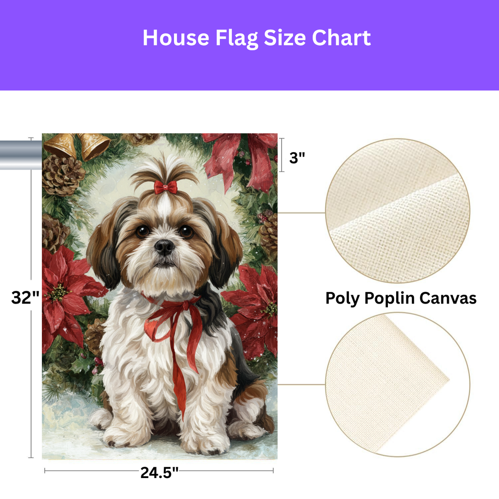 Poinsettia and Pine Cone Shih Tzu Christmas Garden Flag - yard display - Dragonfire Gardens