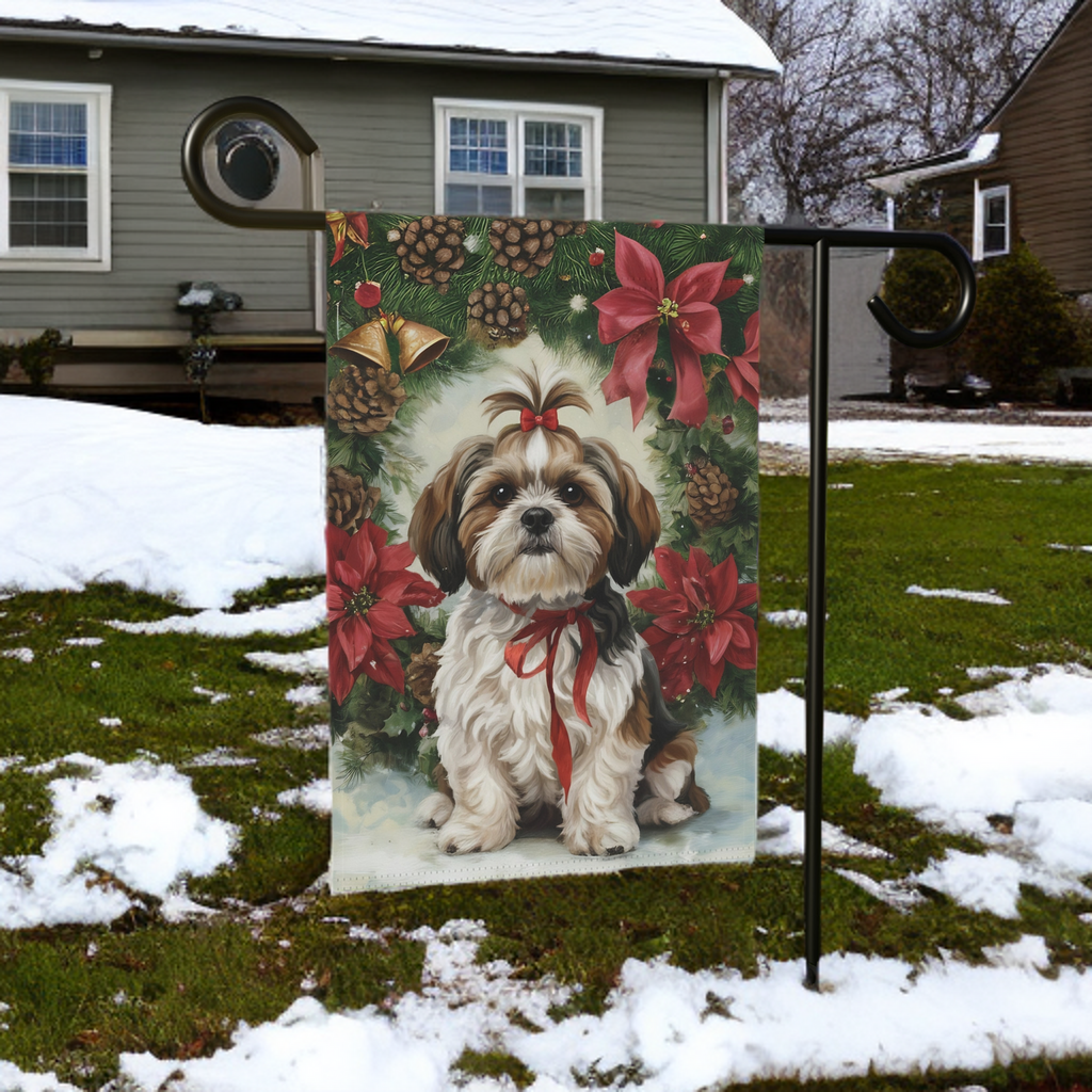 Poinsettia and Pine Cone Shih Tzu Christmas Garden Flag - size comparison - Dragonfire Gardens