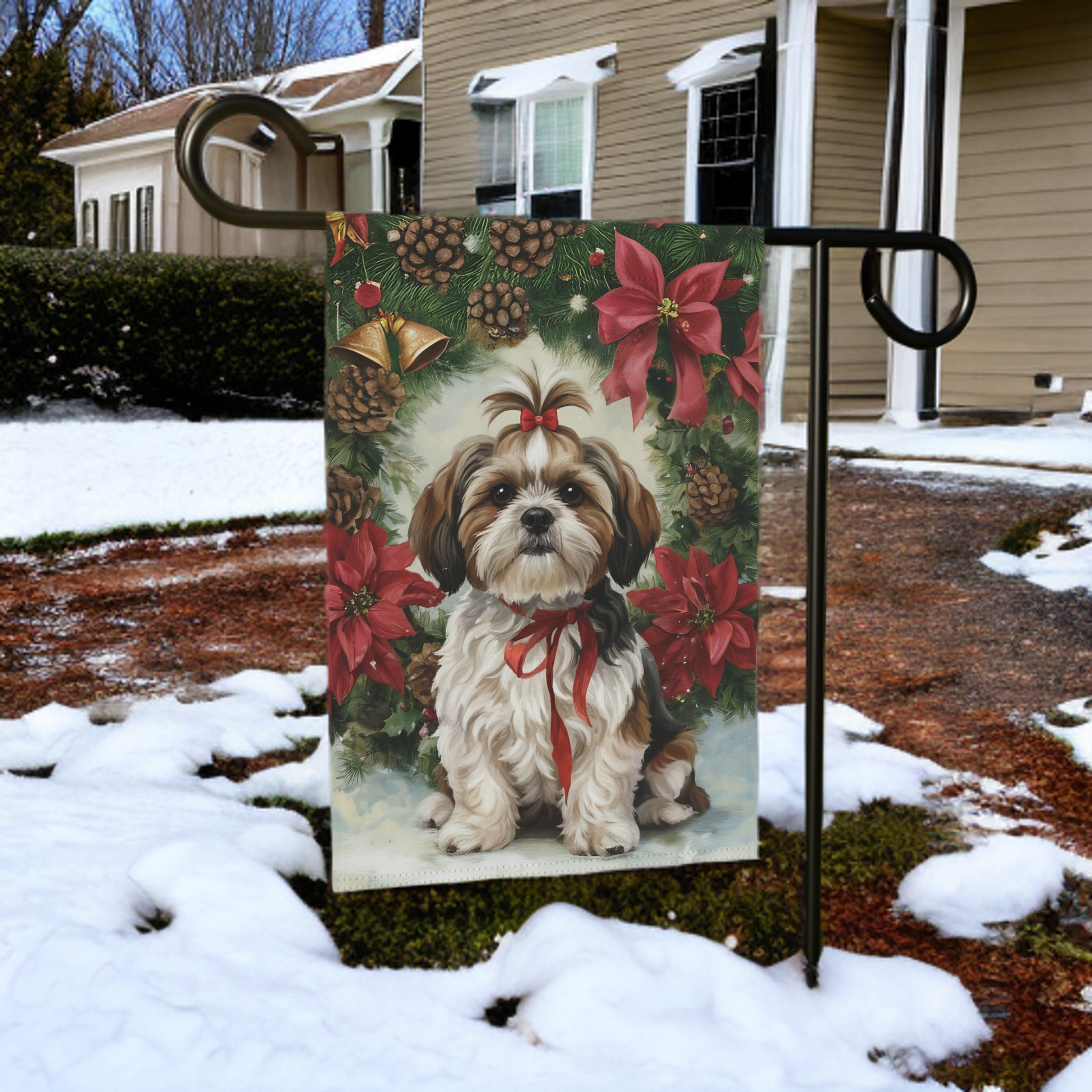 Poinsettia and Pine Cone Shih Tzu Christmas Garden Flag - lifestyle display - Dragonfire Gardens