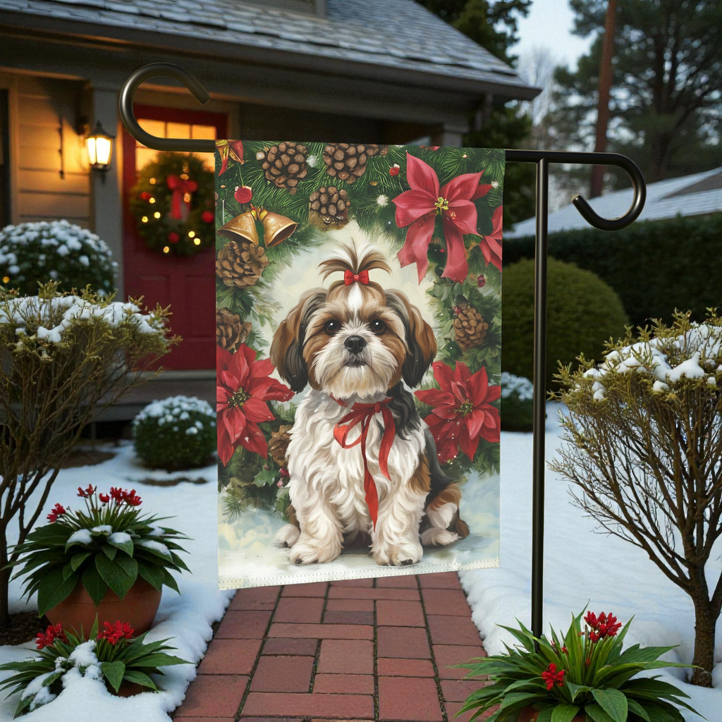 Poinsettia and Pine Cone Shih Tzu Christmas Garden Flag - product detail - Dragonfire Gardens