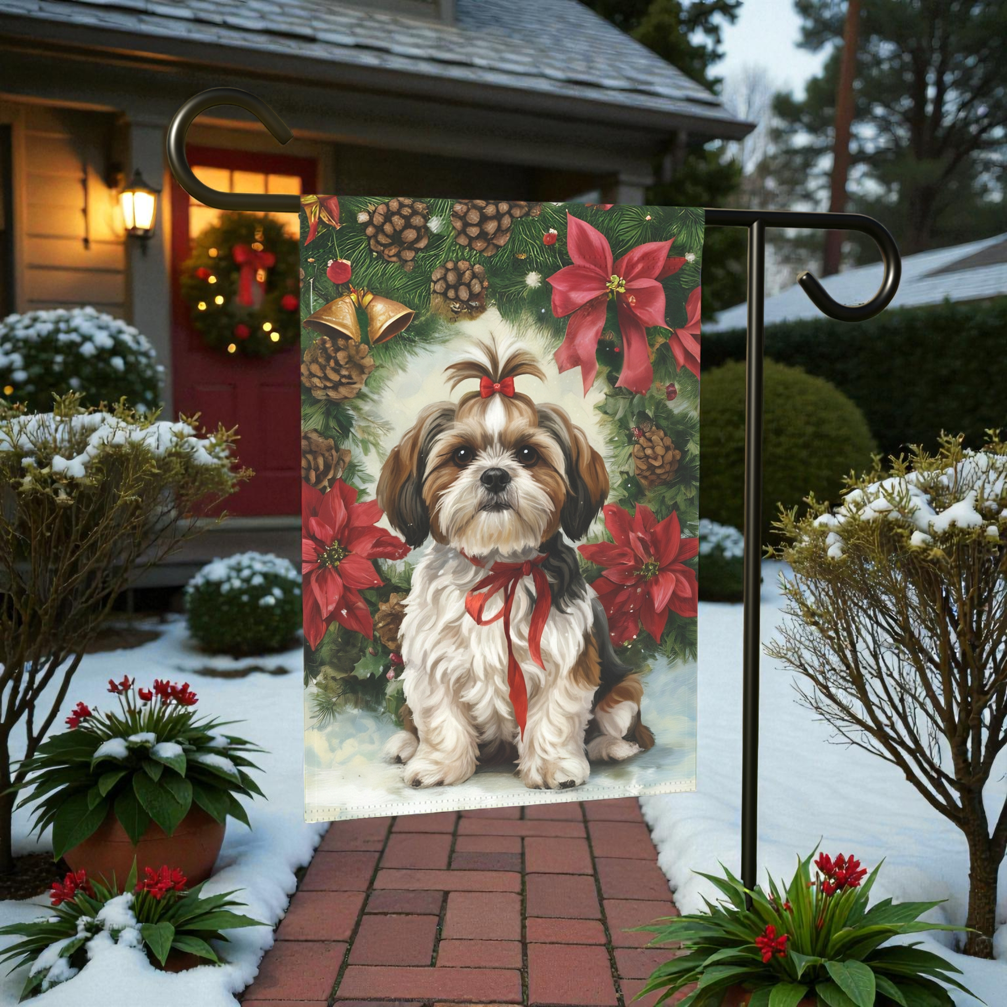 Poinsettia and Pine Cone Shih Tzu Christmas Garden Flag - product detail - Dragonfire Gardens