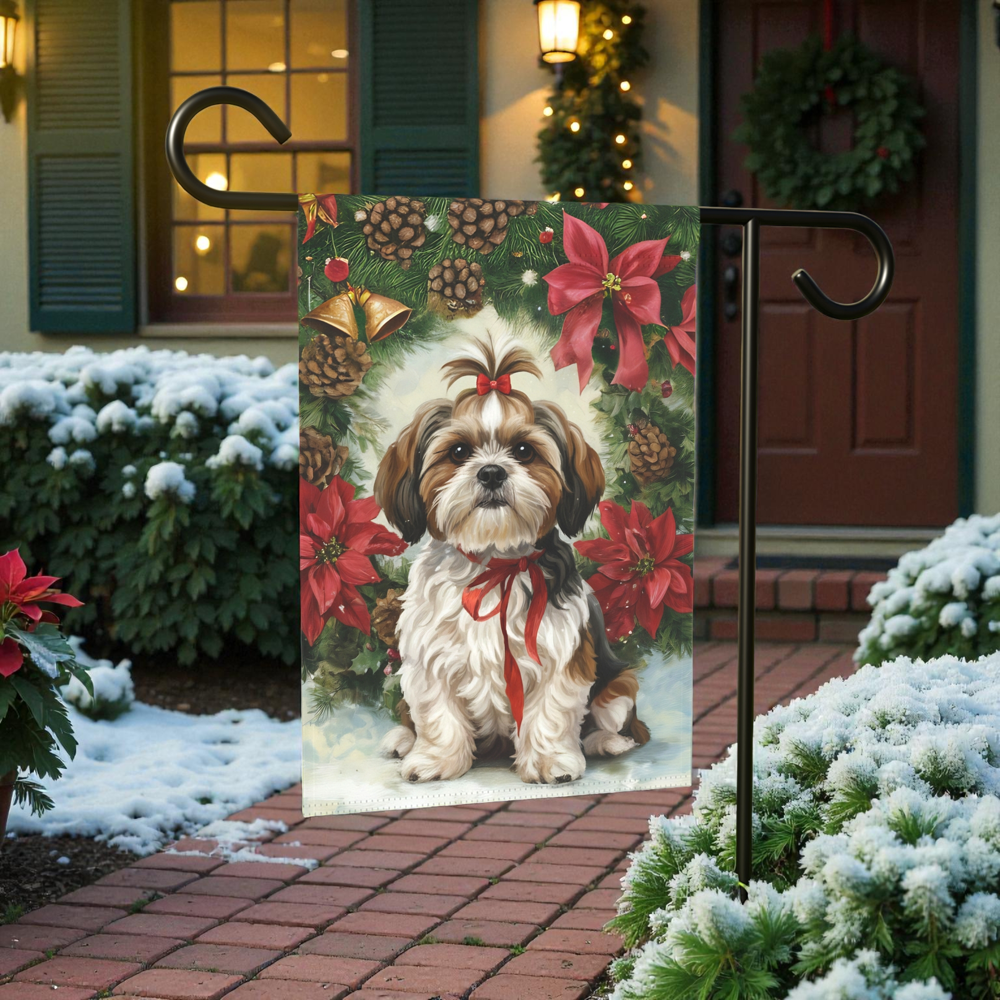 Poinsettia and Pine Cone Shih Tzu Christmas Garden Flag - front view - Dragonfire Gardens