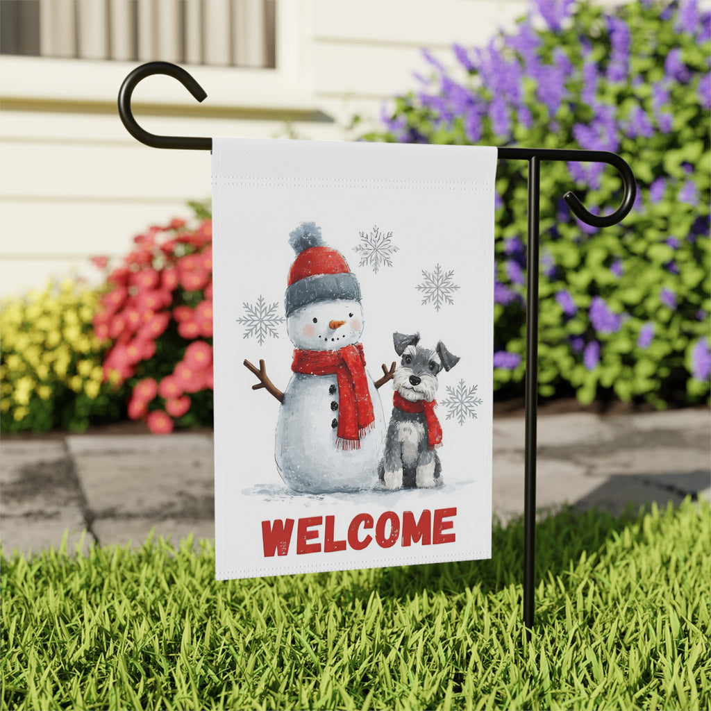 Schnauzer and Snowman Garden Flag - outdoor display - Dragonfire Gardens