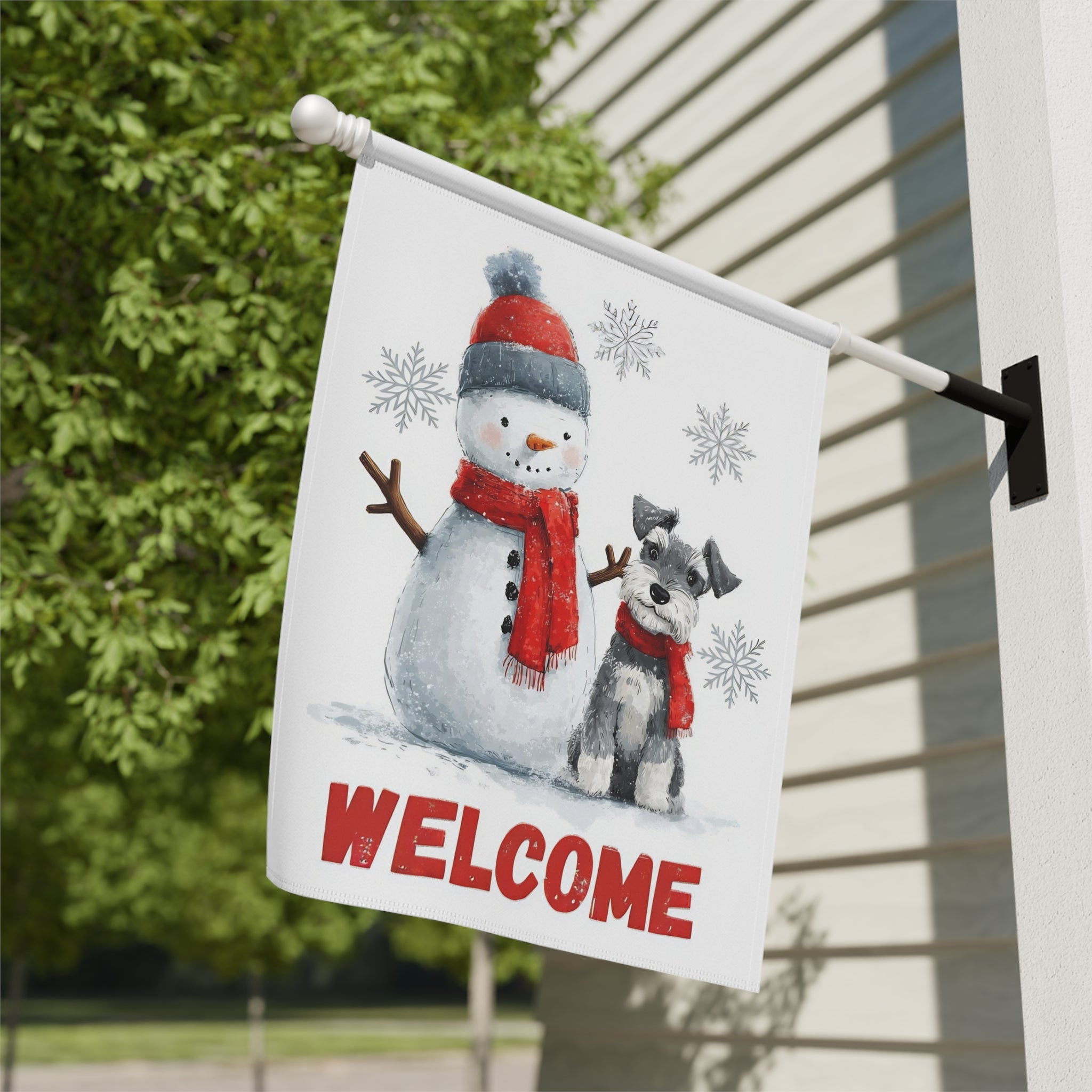 Schnauzer and Snowman Garden Flag - close-up detail - Dragonfire Gardens