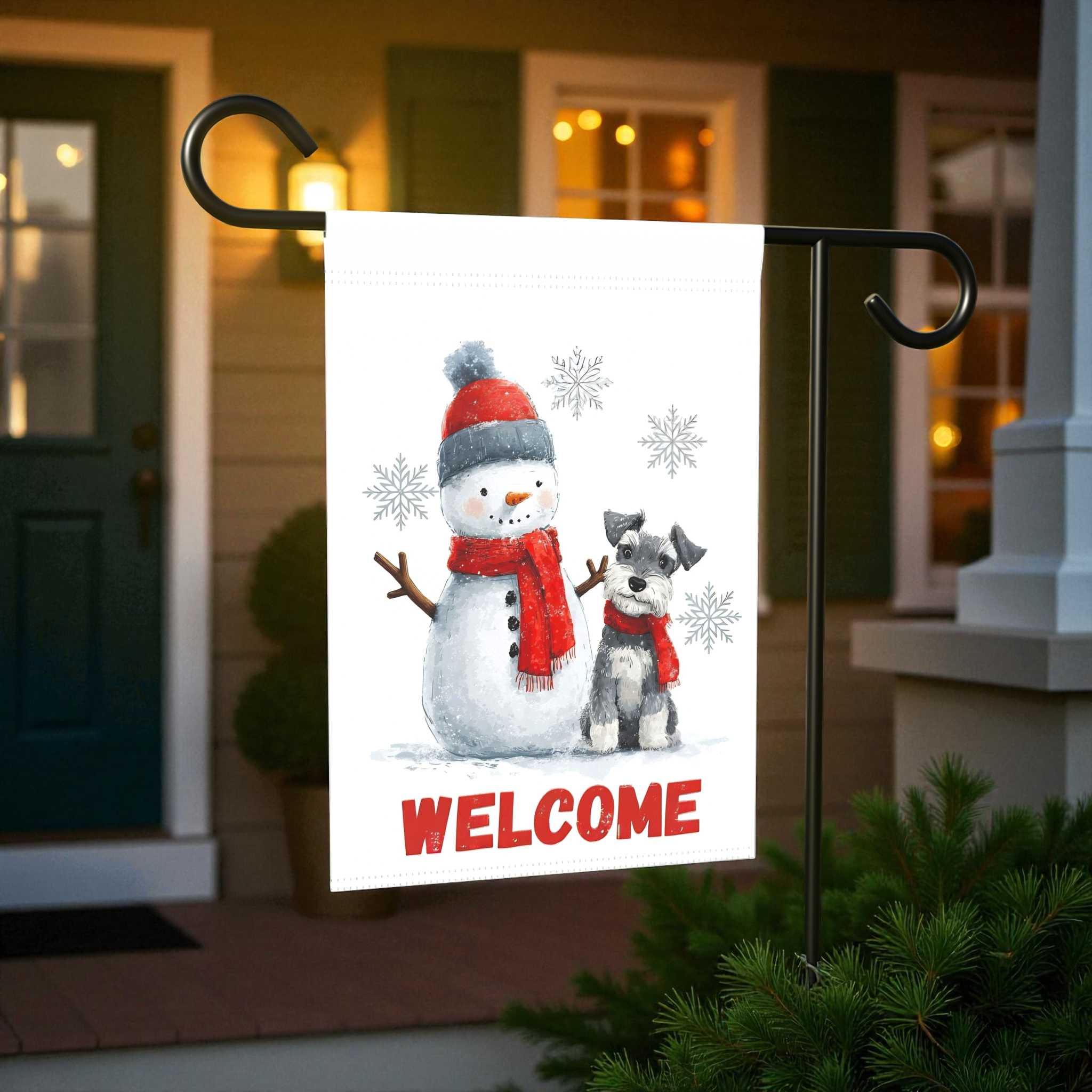 Schnauzer and Snowman Garden Flag - product detail - Dragonfire Gardens