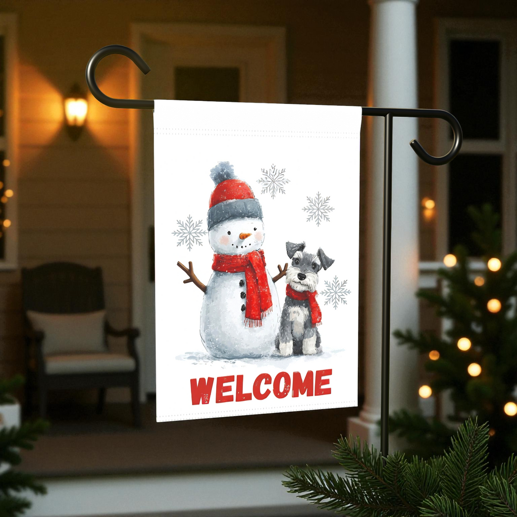 Schnauzer and Snowman Garden Flag - front view - Dragonfire Gardens