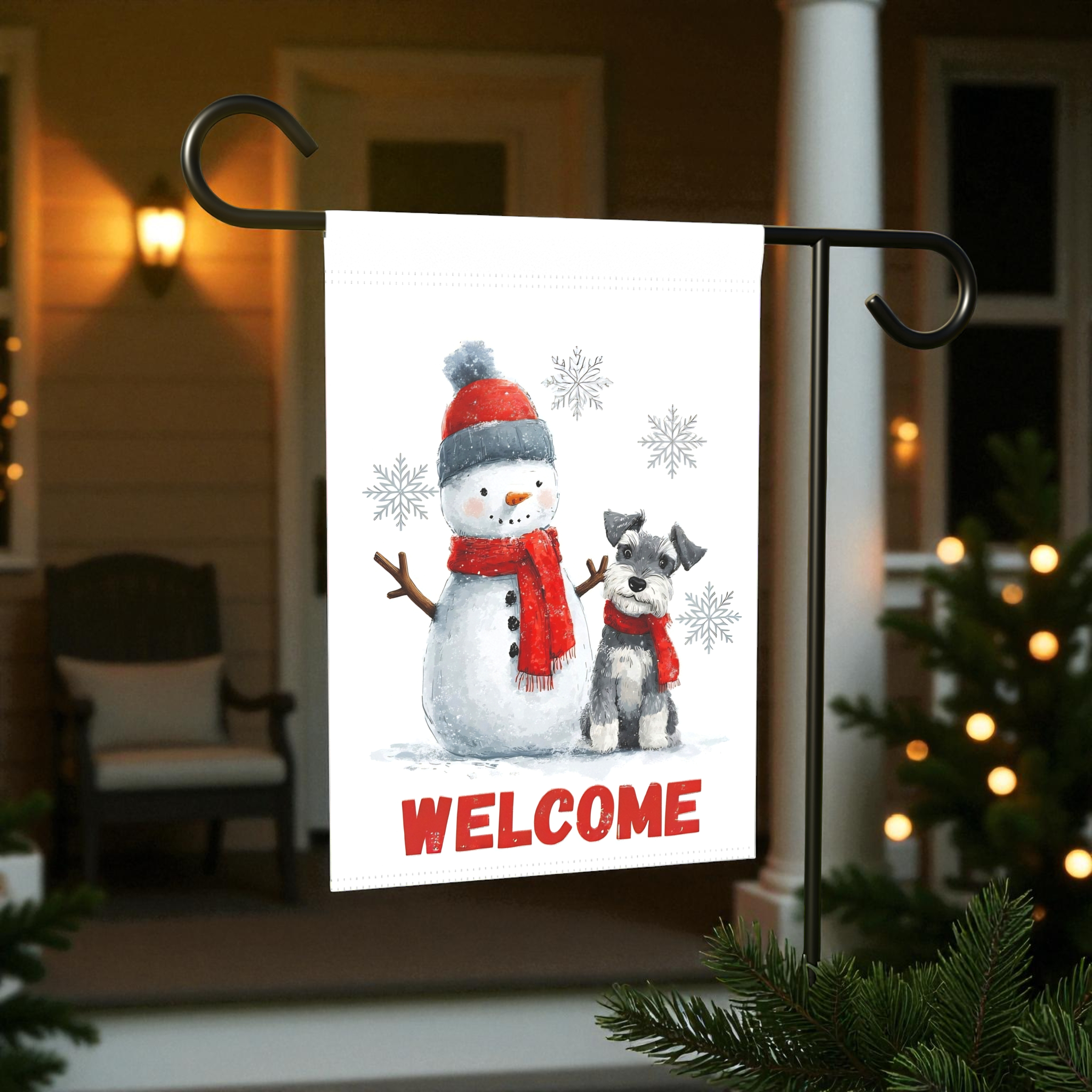 Schnauzer and Snowman Garden Flag - front view - Dragonfire Gardens