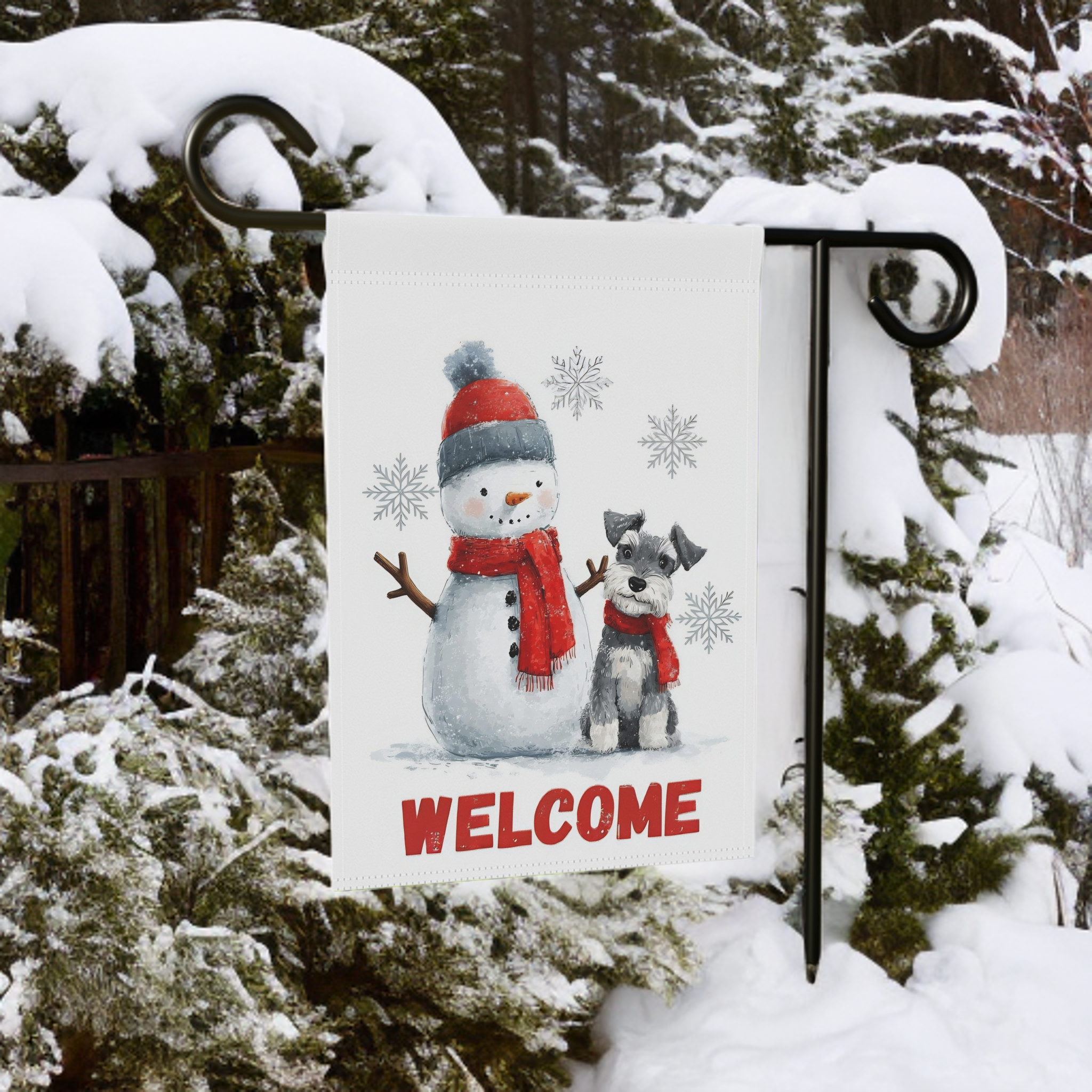 Schnauzer and Snowman Garden Flag - lifestyle display - Dragonfire Gardens