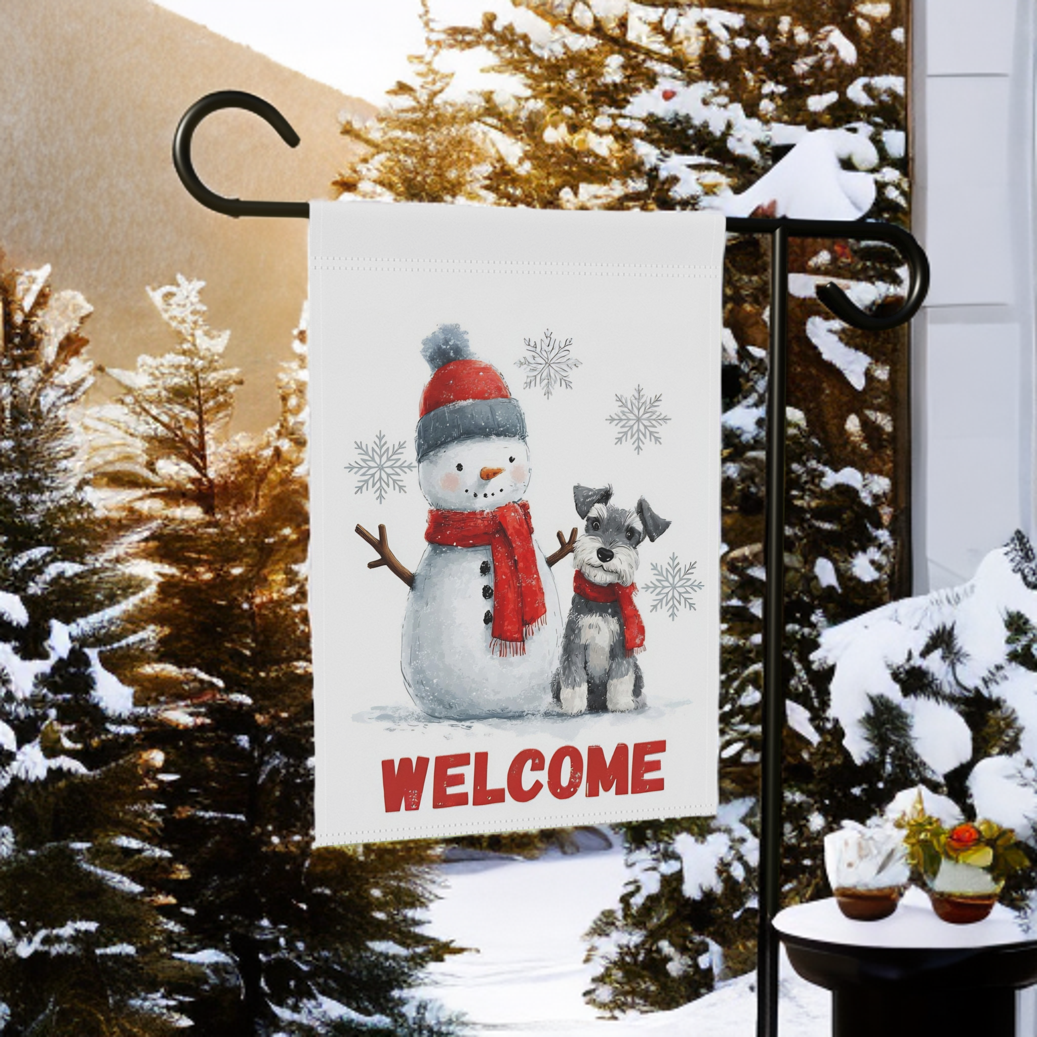 Schnauzer and Snowman Garden Flag - size comparison - Dragonfire Gardens