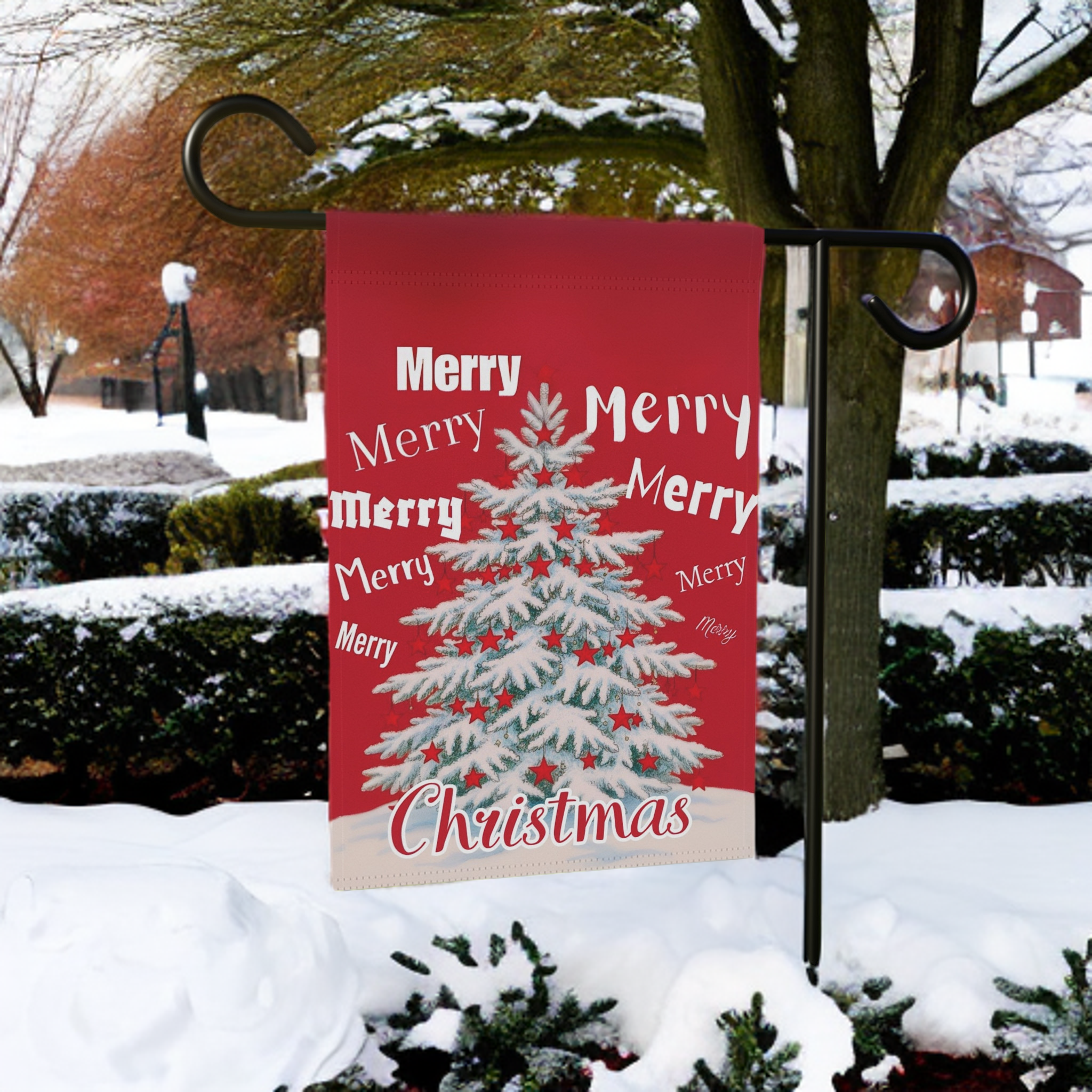 Merry, Merry Christmas Garden Flag - size comparison - Dragonfire Gardens