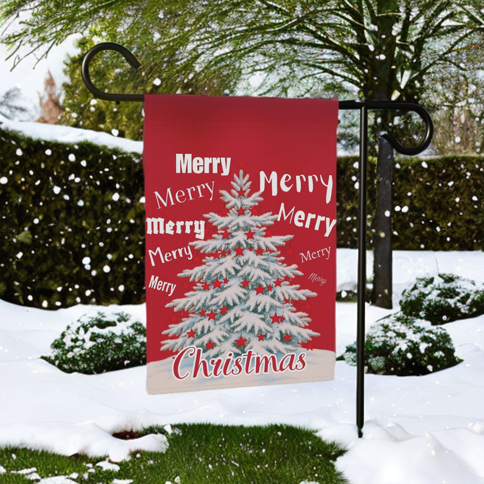 Merry, Merry Christmas Garden Flag - lifestyle display - Dragonfire Gardens