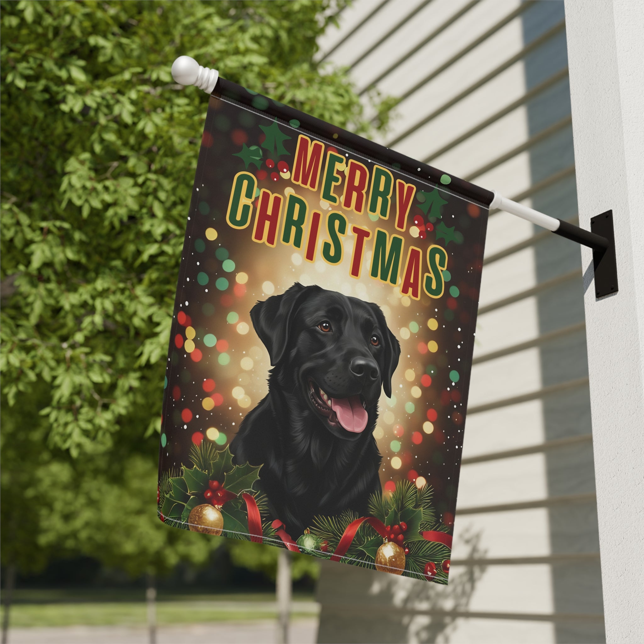Christmas Black Labrador Garden Flag - close-up detail - Dragonfire Gardens