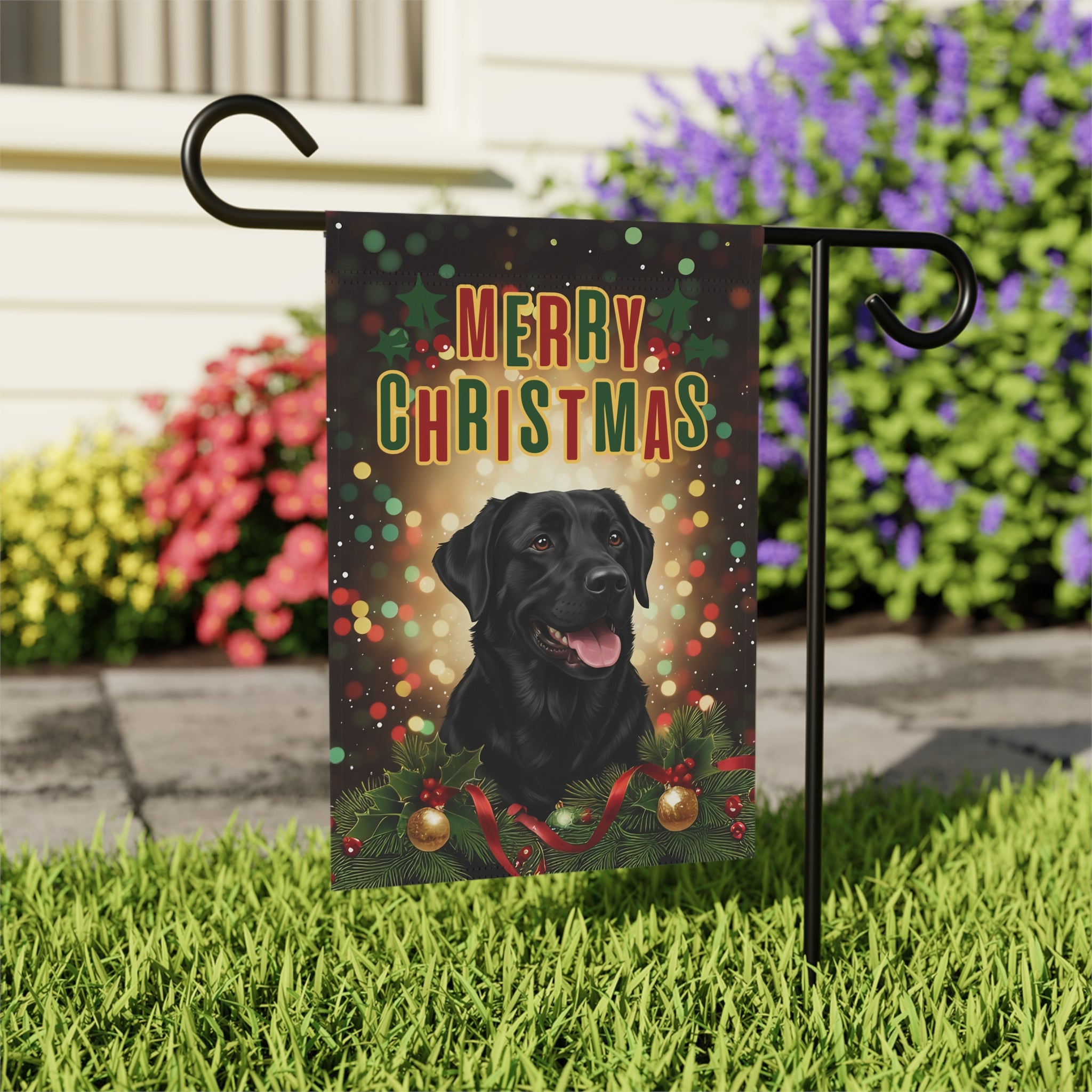 Christmas Black Labrador Garden Flag - outdoor display - Dragonfire Gardens