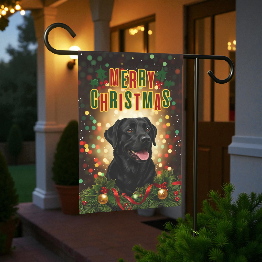 Christmas Black Labrador Garden Flag - size comparison - Dragonfire Gardens