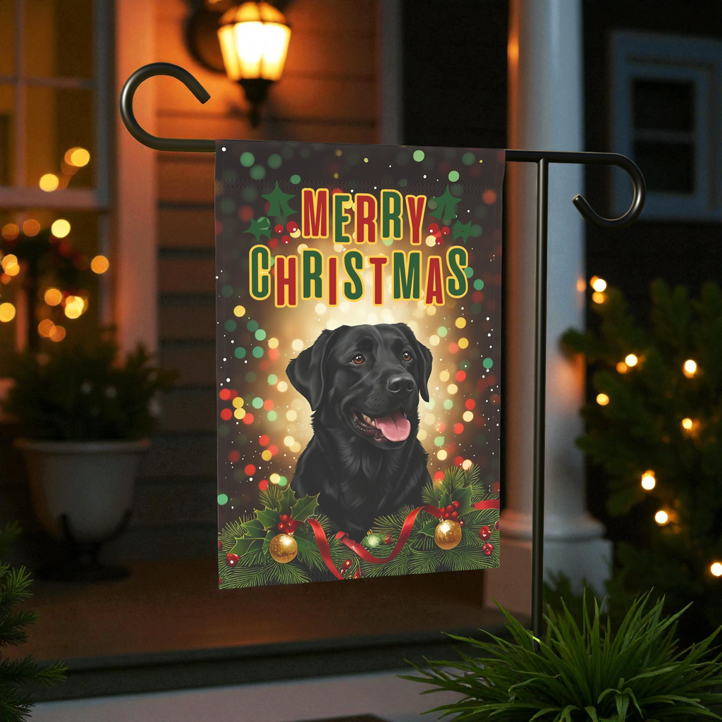 Christmas Black Labrador Garden Flag - front view - Dragonfire Gardens
