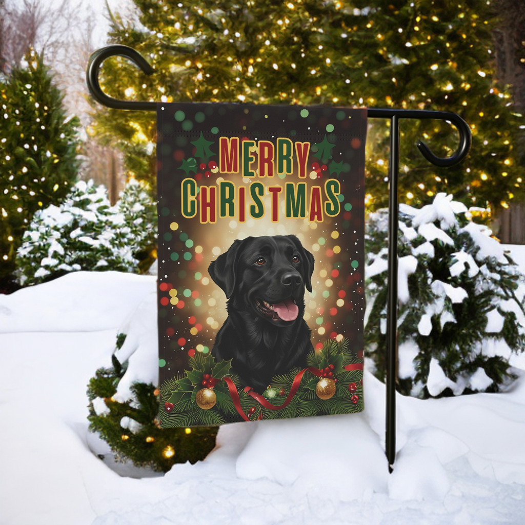 Christmas Black Labrador Garden Flag - lifestyle display - Dragonfire Gardens