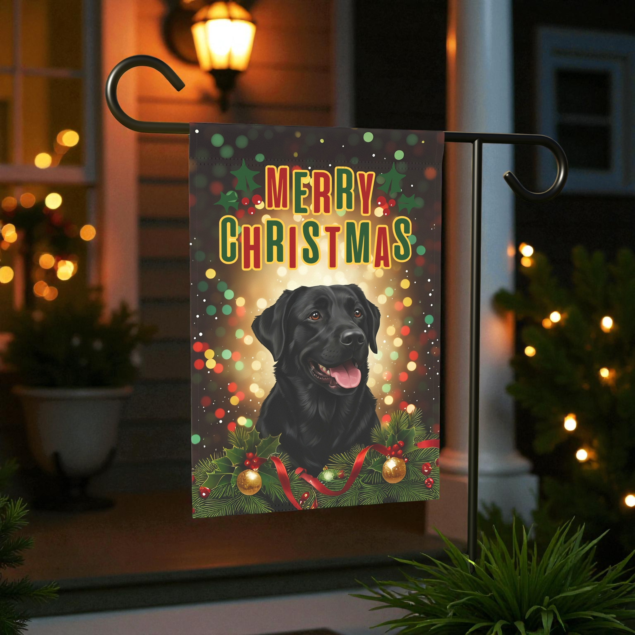 Christmas Black Labrador Garden Flag - banner view - Dragonfire Gardens