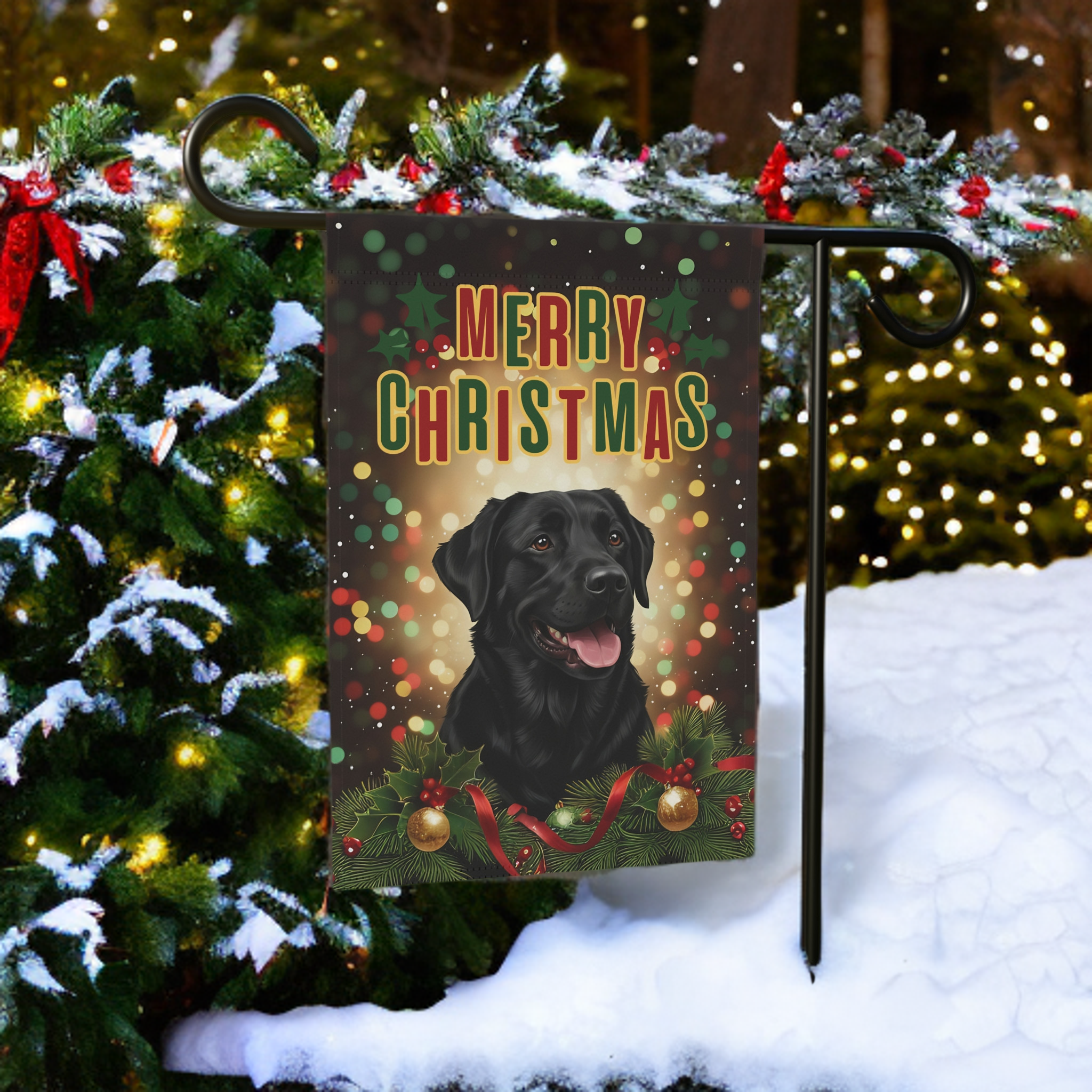 Christmas Black Labrador Garden Flag - front view - Dragonfire Gardens