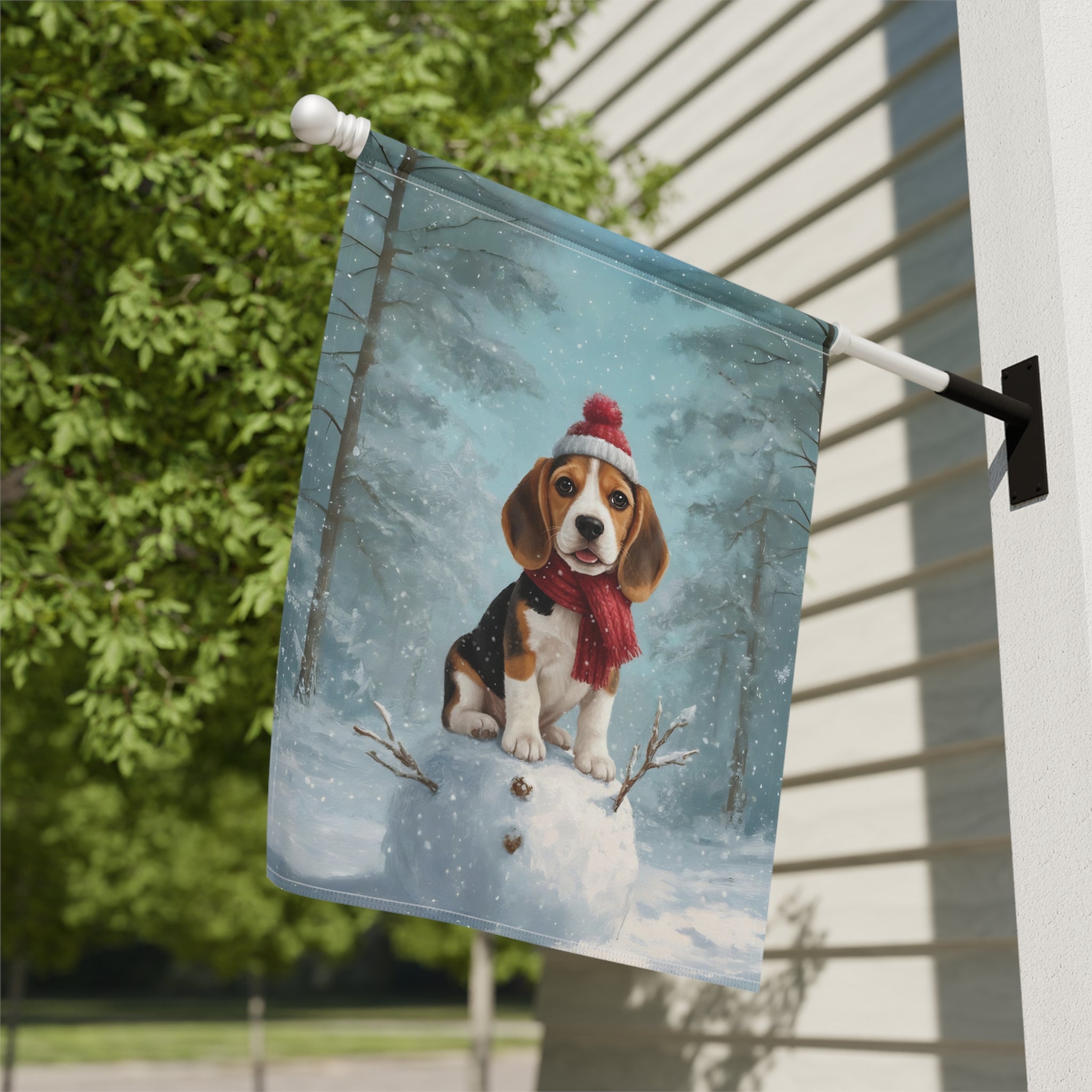 Making A Snowman Beagle Garden Flag - close-up detail - Dragonfire Gardens