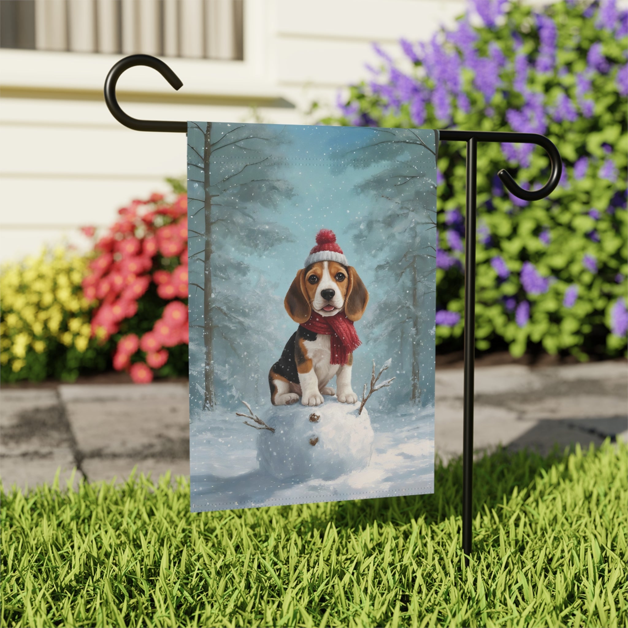 Making A Snowman Beagle Garden Flag - outdoor display - Dragonfire Gardens