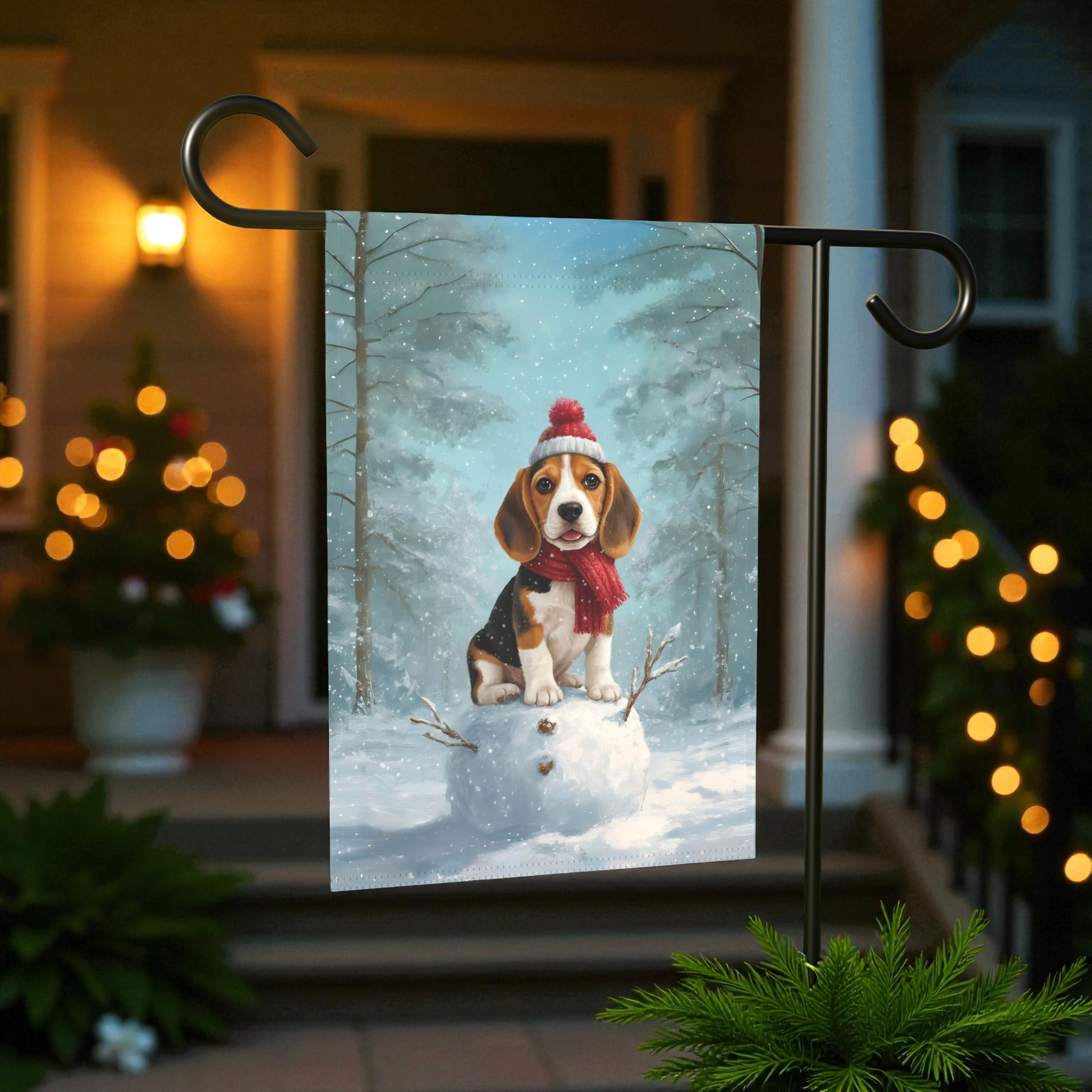 Making A Snowman Beagle Garden Flag - front view - Dragonfire Gardens