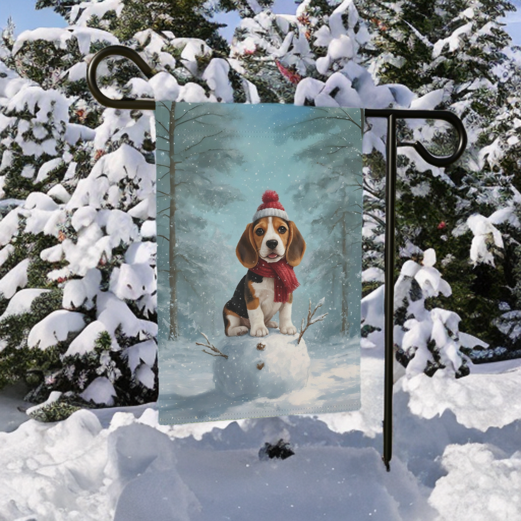 Making A Snowman Beagle Garden Flag - size comparison - Dragonfire Gardens