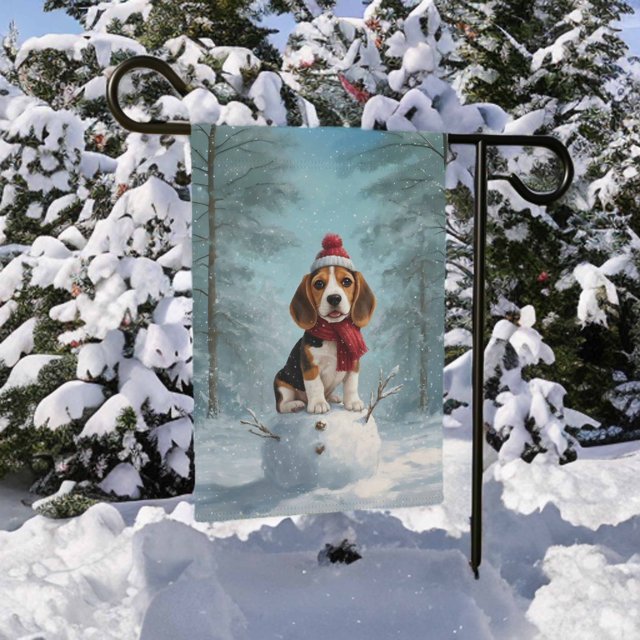 Making A Snowman Beagle Garden Flag - size comparison - Dragonfire Gardens