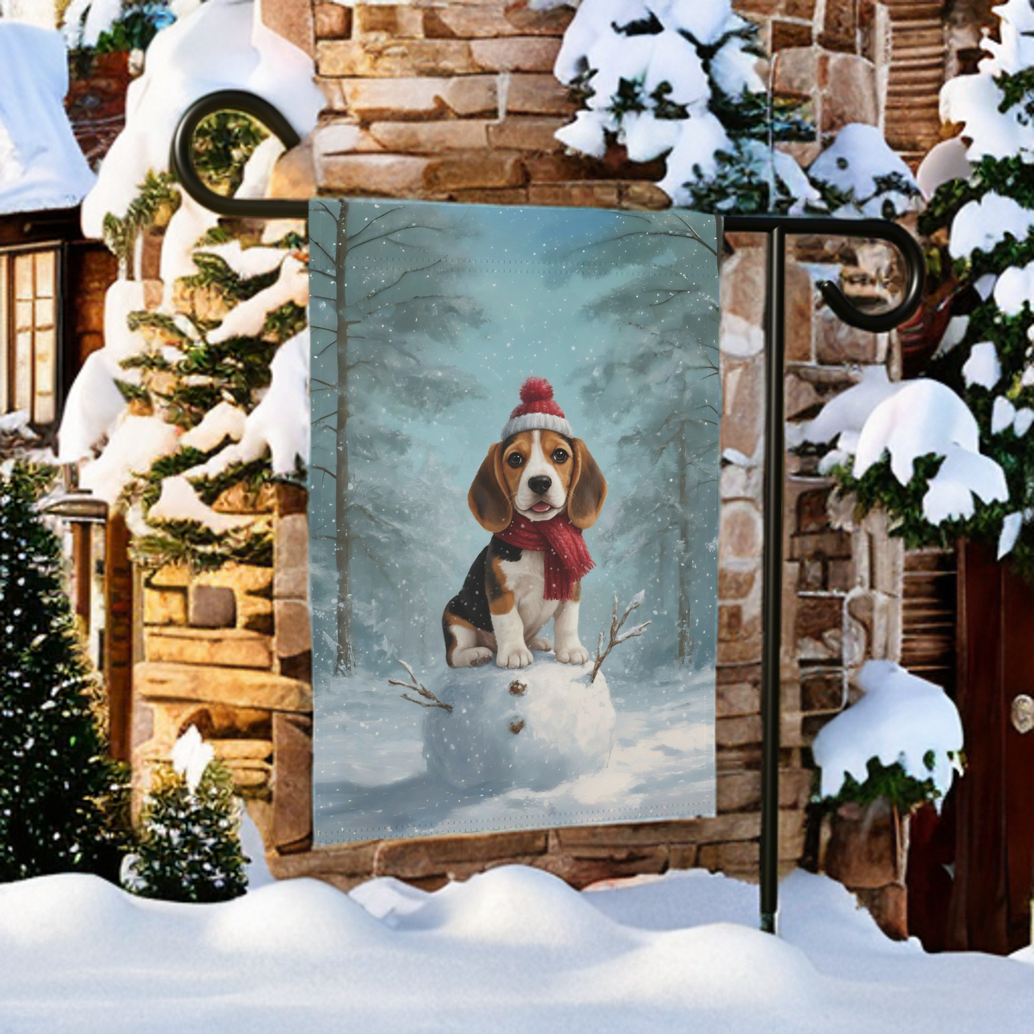 Making A Snowman Beagle Garden Flag - lifestyle display - Dragonfire Gardens
